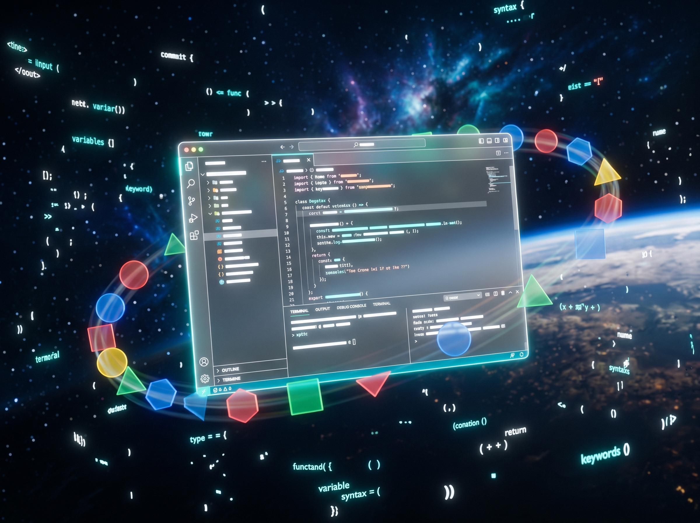 A futuristic IDE interface floating weightlessly in space with Google-inspired geometric shapes