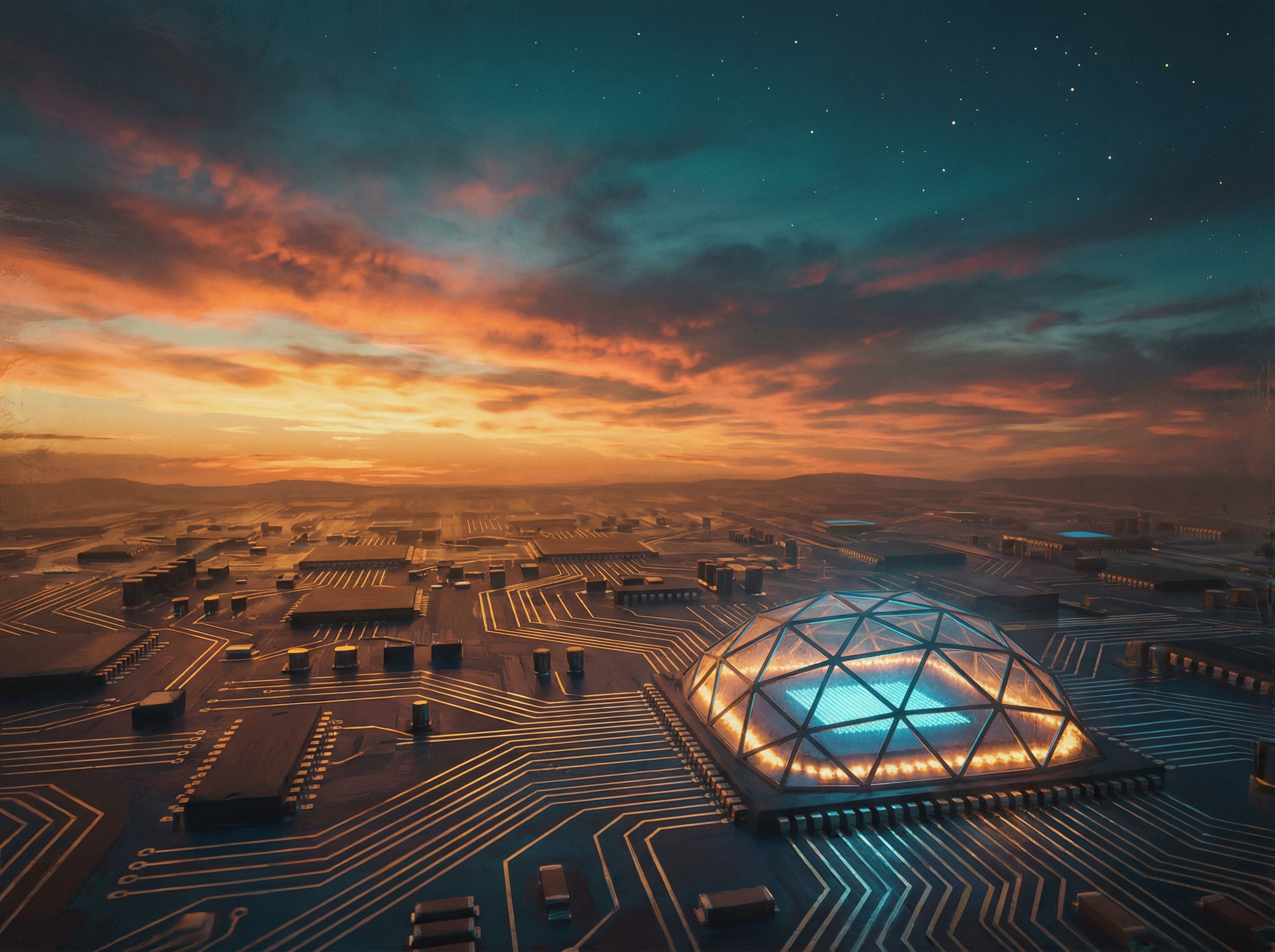 Dramatic sunset over a circuit board landscape as a single AI node dims gracefully