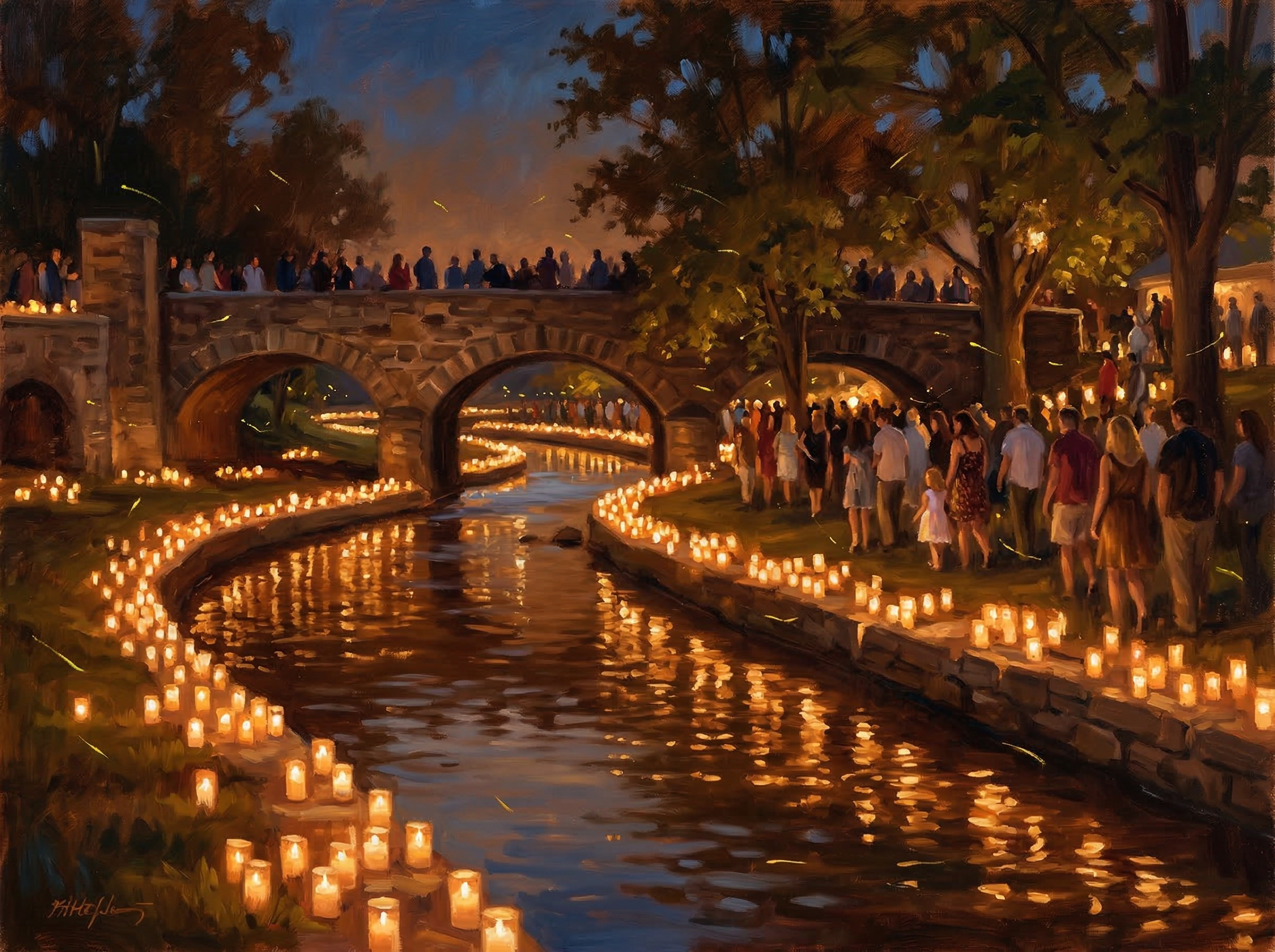 Thousands of glowing candles lining both banks of a gentle creek at twilight in Lititz Springs Park