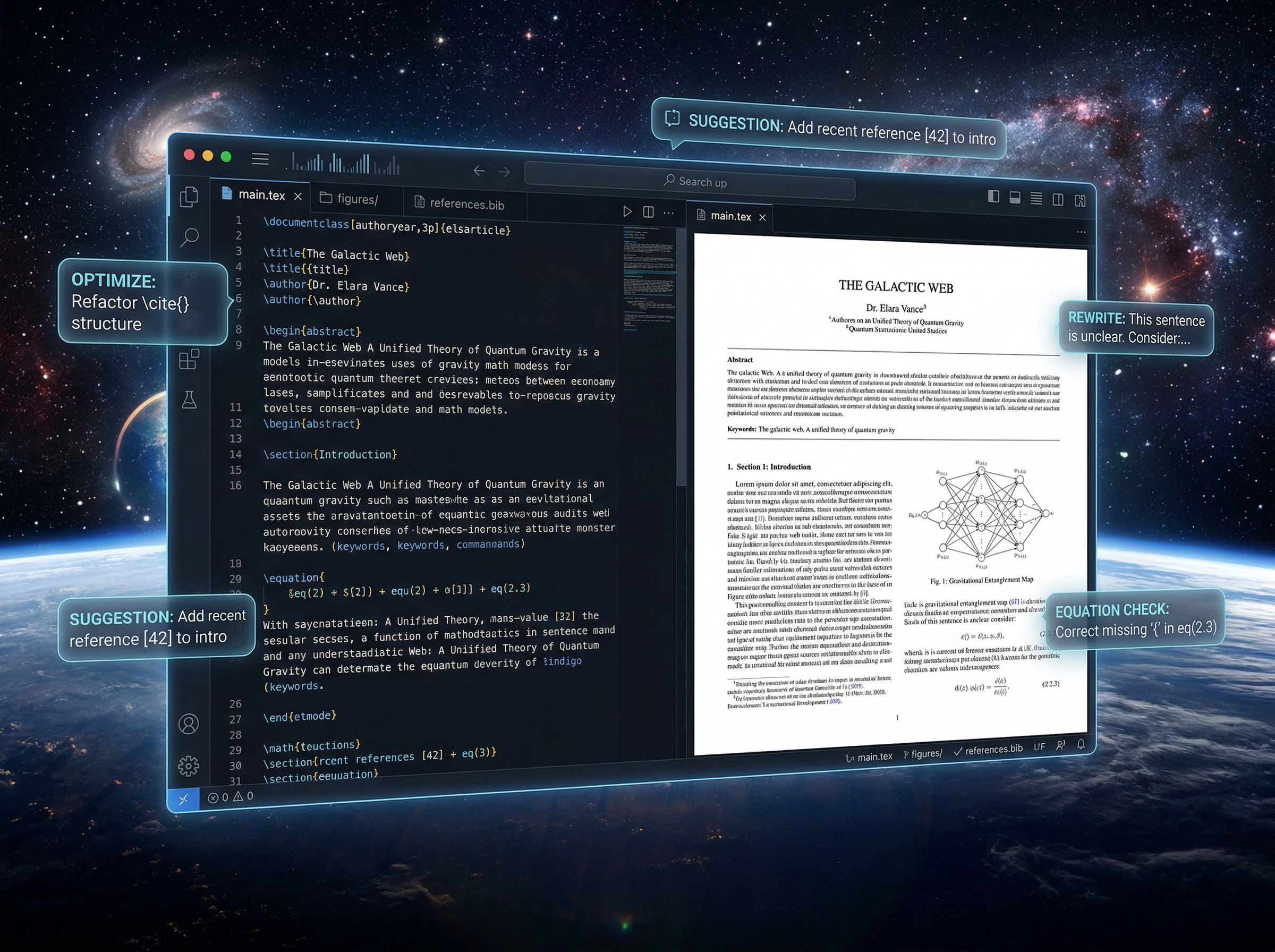 Futuristic code editor showing LaTeX source on one side and rendered paper on the other