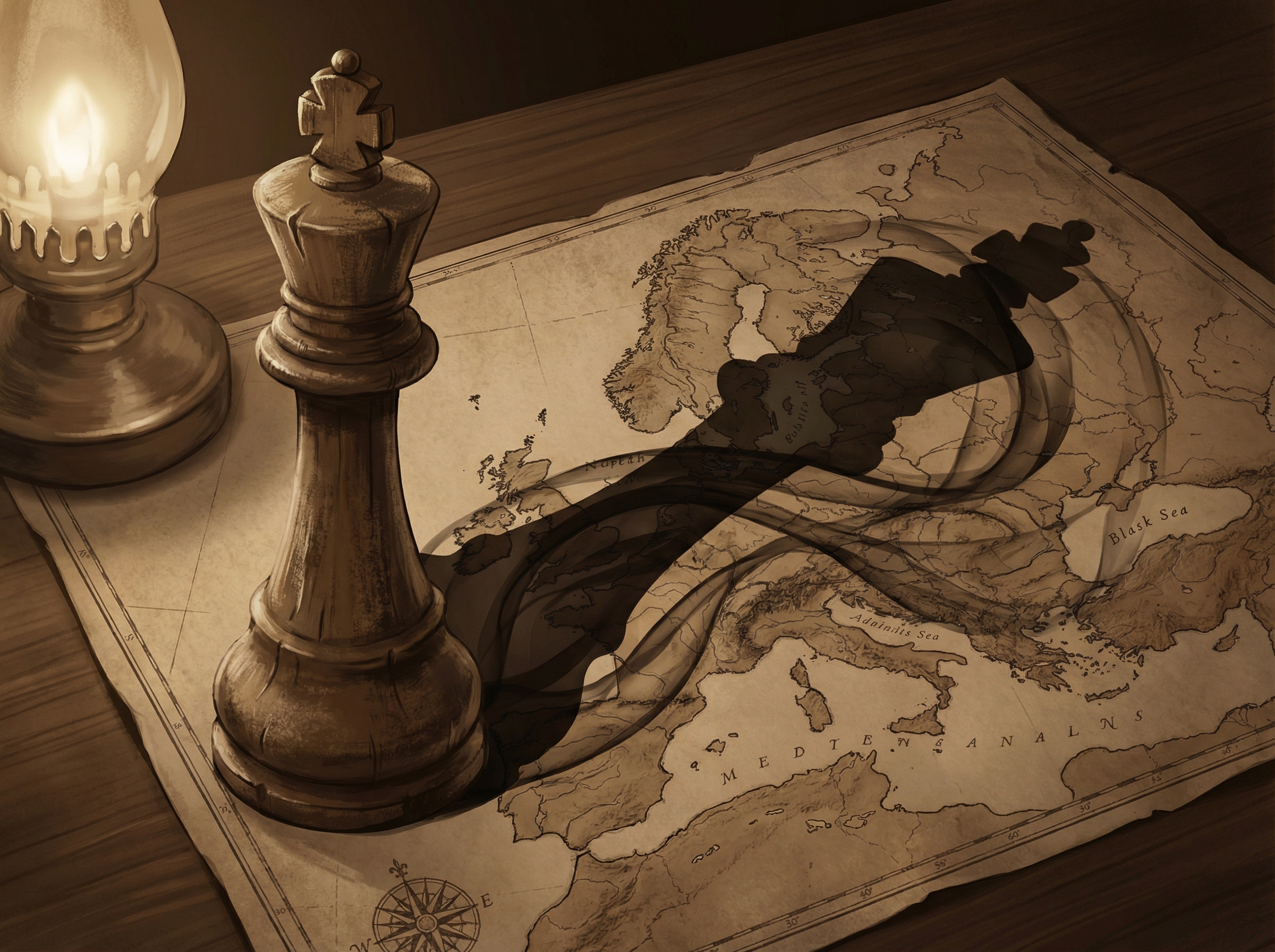 Chess king casting giant shadow across map of Europe