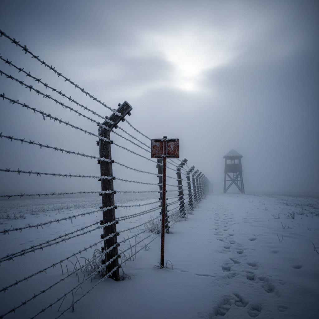 Snow-covered barbed wire fence stretching into fog with guard tower in distance