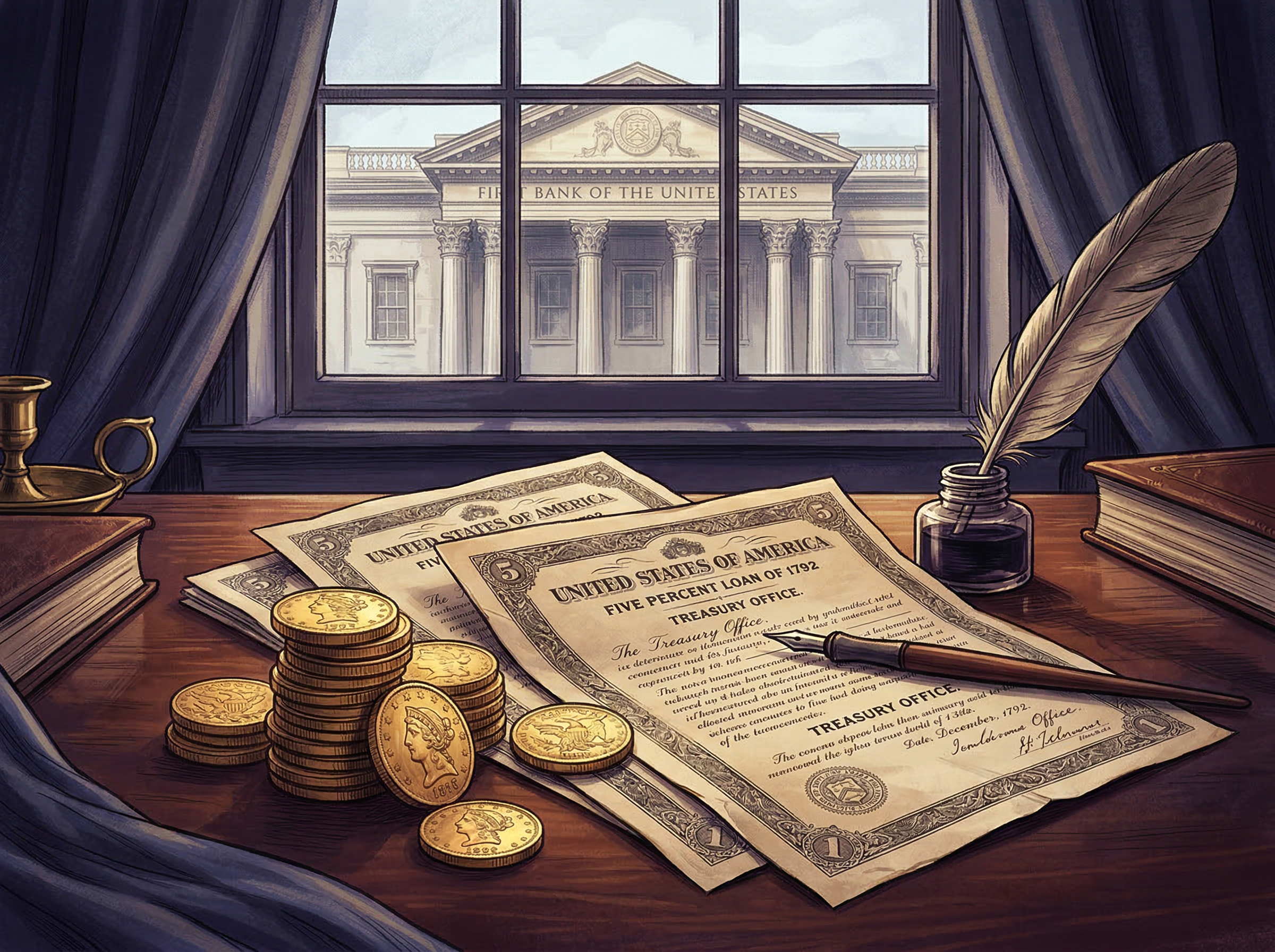 Treasury bonds, gold coins, and quill pen on a mahogany desk with the First Bank of the United States visible through a window