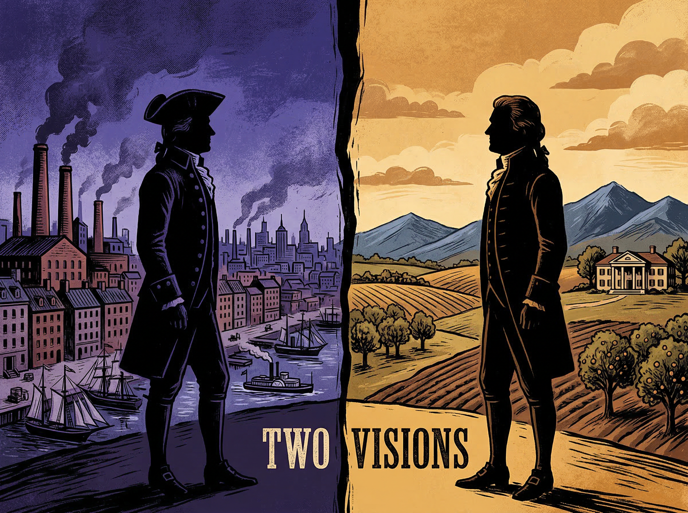 Two silhouettes facing each other — Hamilton with an urban cityscape behind him and Jefferson with rolling farmland — split in indigo and amber