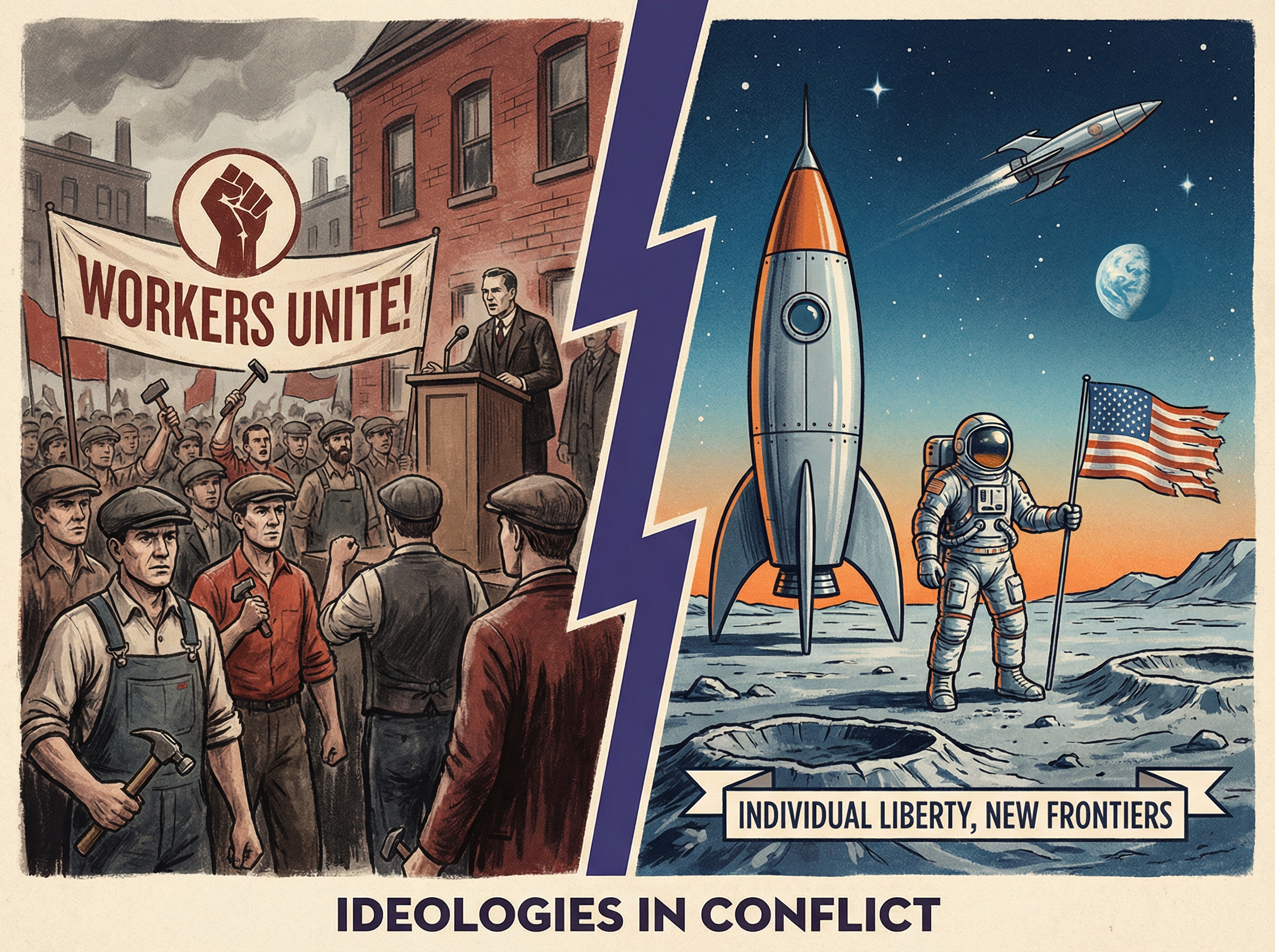 A portrait split between a 1930s socialist rally and a 1960s libertarian frontier with rocket ships