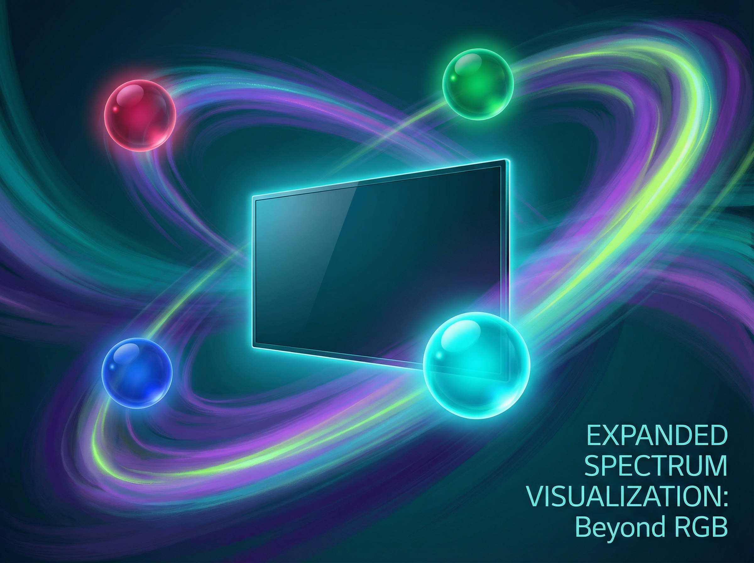 Visualization of four luminous color spheres representing red, green, blue, and cyan primary colors orbiting a display panel