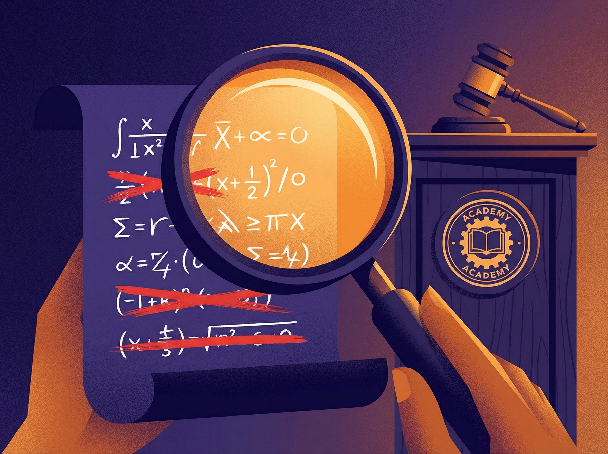 A magnifying glass examining a document with mathematical equations, some crossed out in red, with a gavel and academy seal in the background