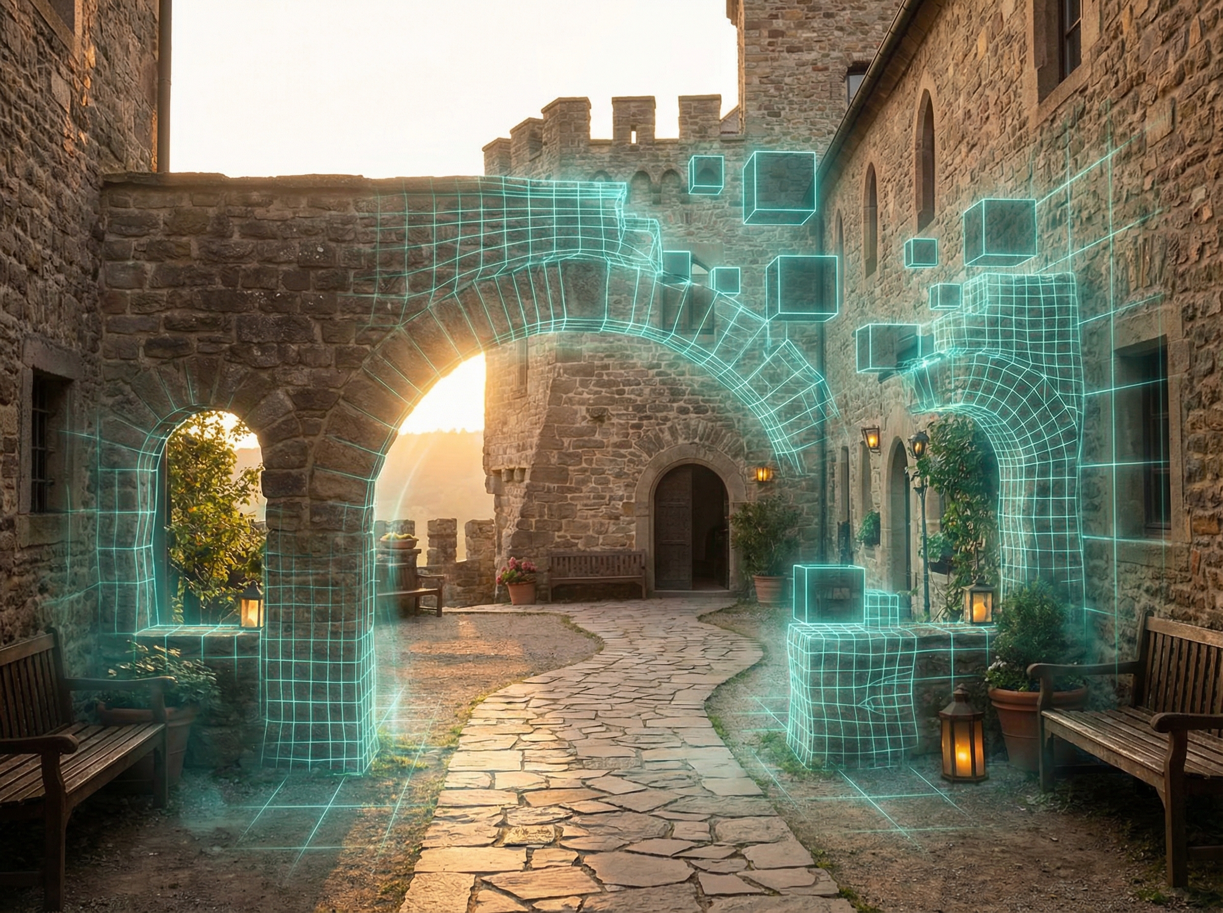 Neon-lit procedural landscape mid-regeneration with designer intent visible as golden guide-lines