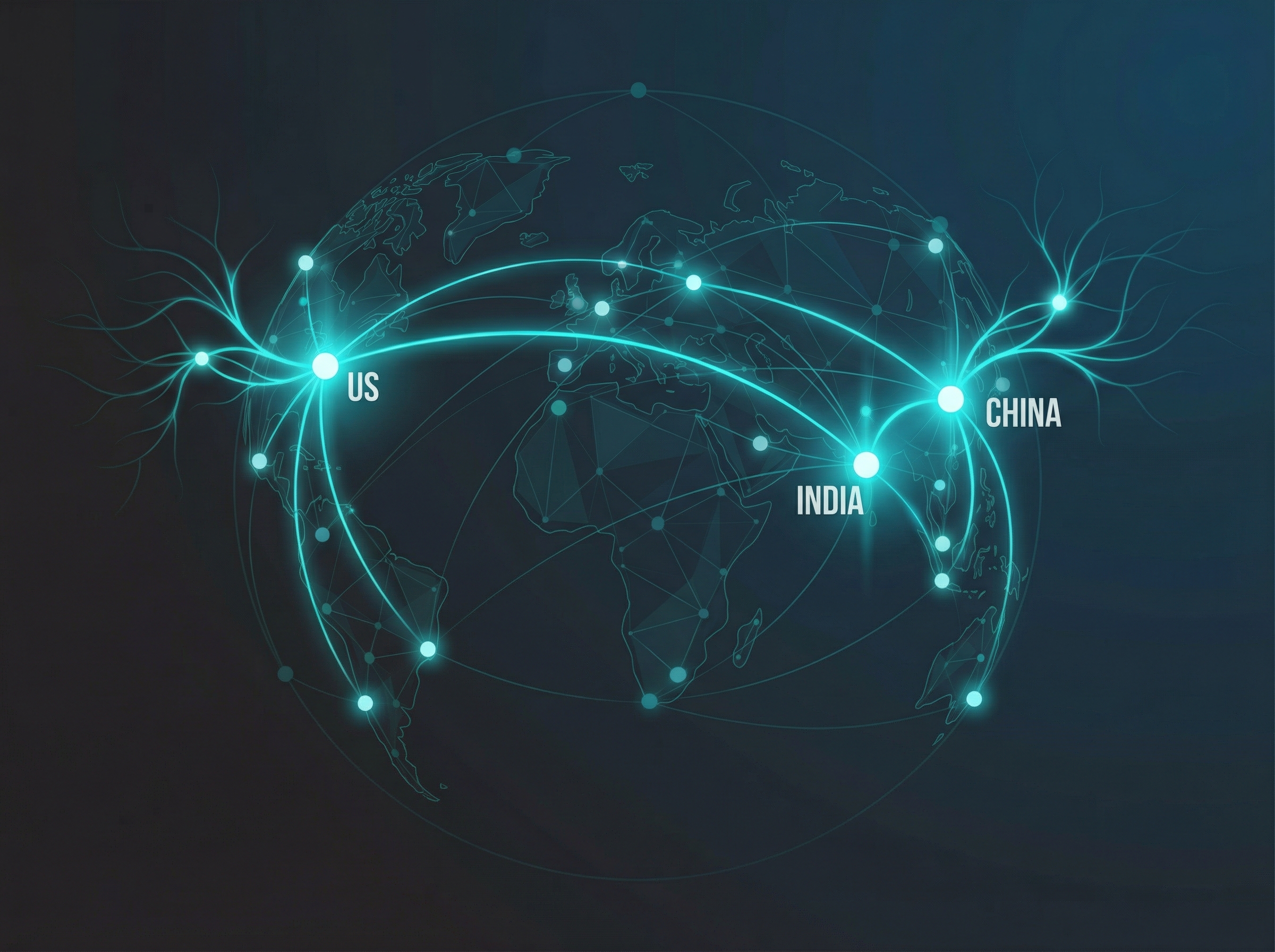Abstract globe with interconnected economic nodes glowing in teal, showing AI neural network patterns