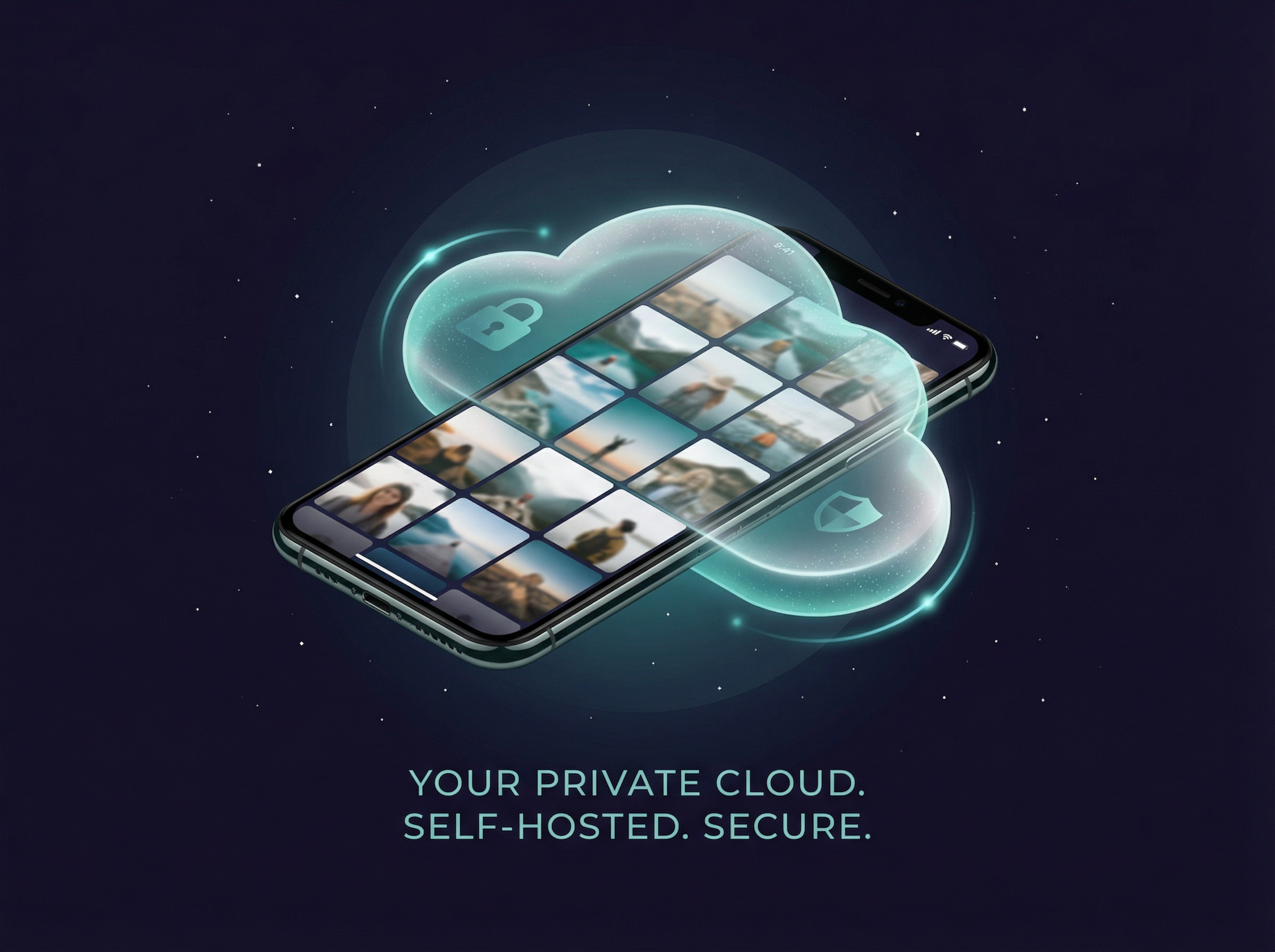 Smartphone displaying photo gallery grid surrounded by a privacy bubble