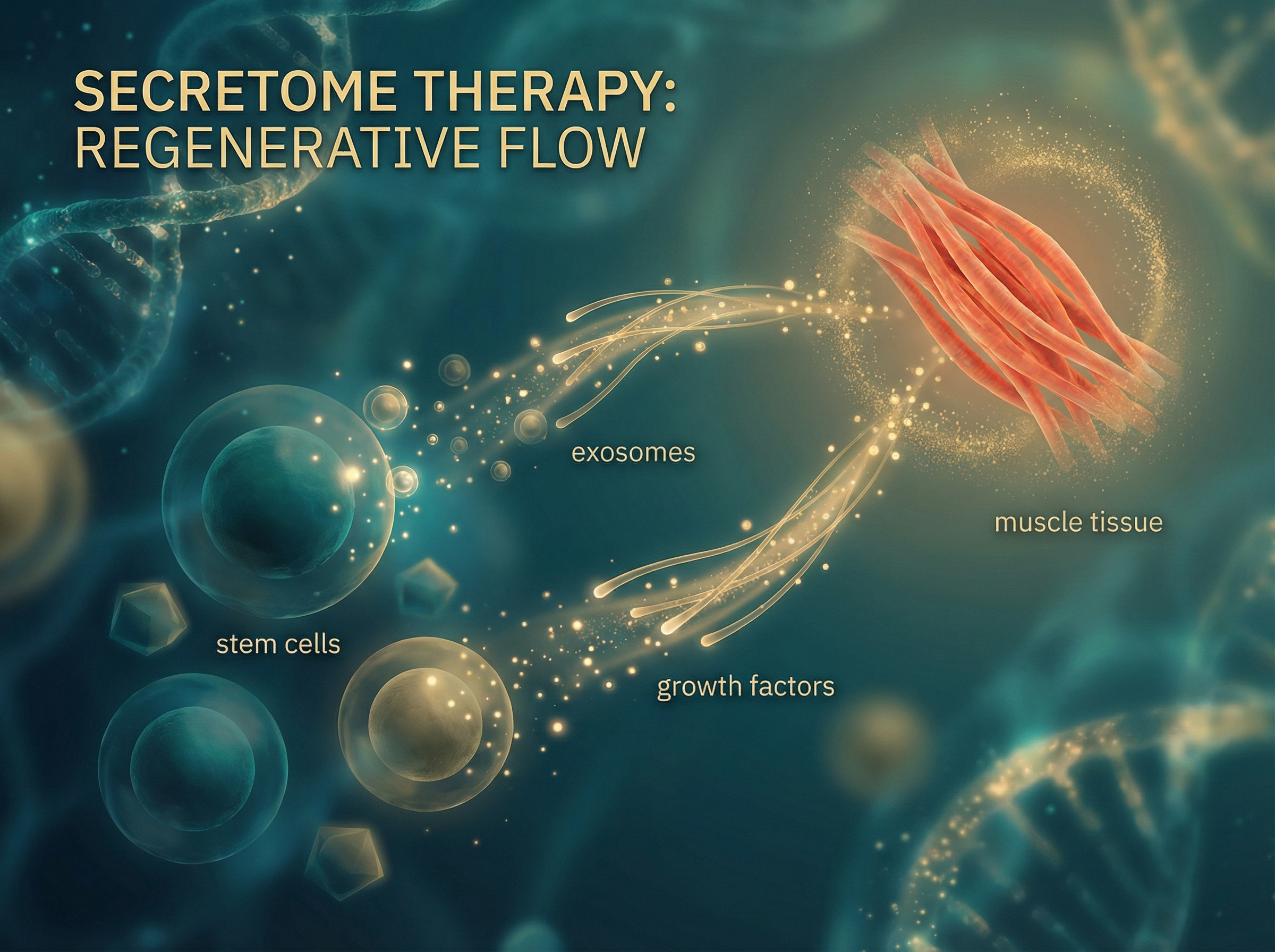 Secretome therapy with molecular messengers flowing toward muscle tissue