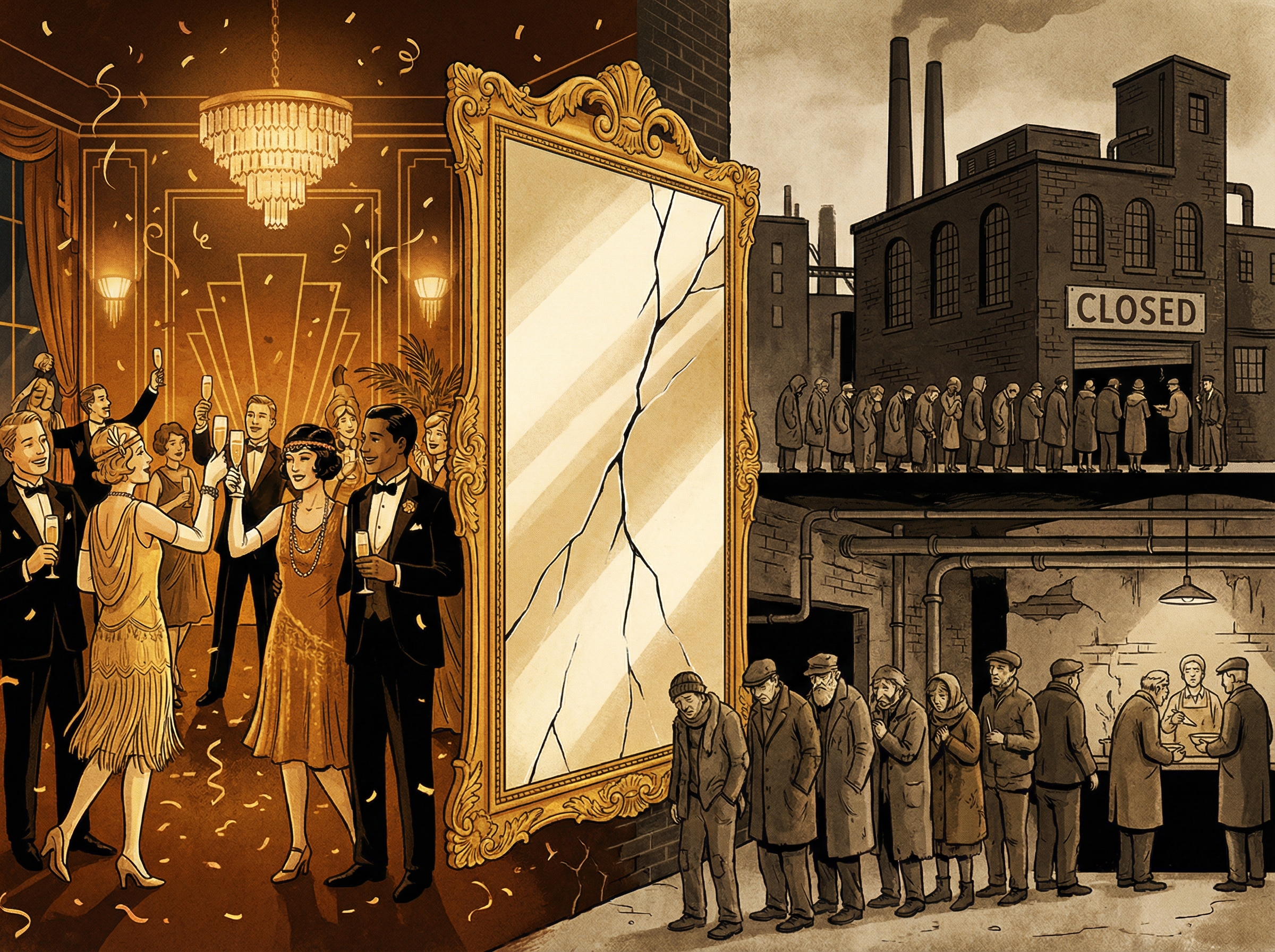 Split scene: 1920s luxury party on left, breadline and empty factory on right, divided by cracking golden mirror