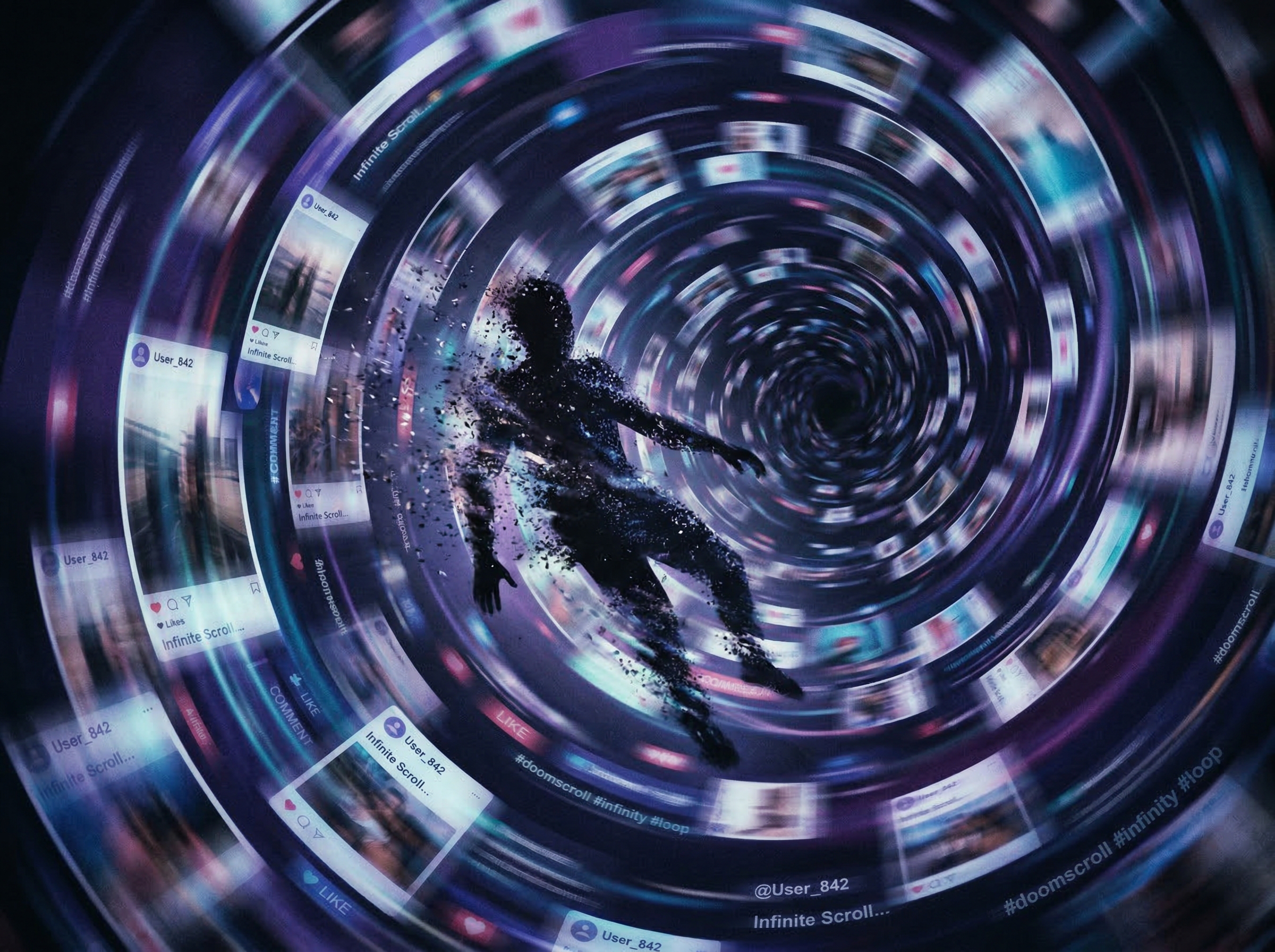 An abstract visualization of a person trapped in an infinite scroll loop, dissolving into cascading social media cards spiraling downward