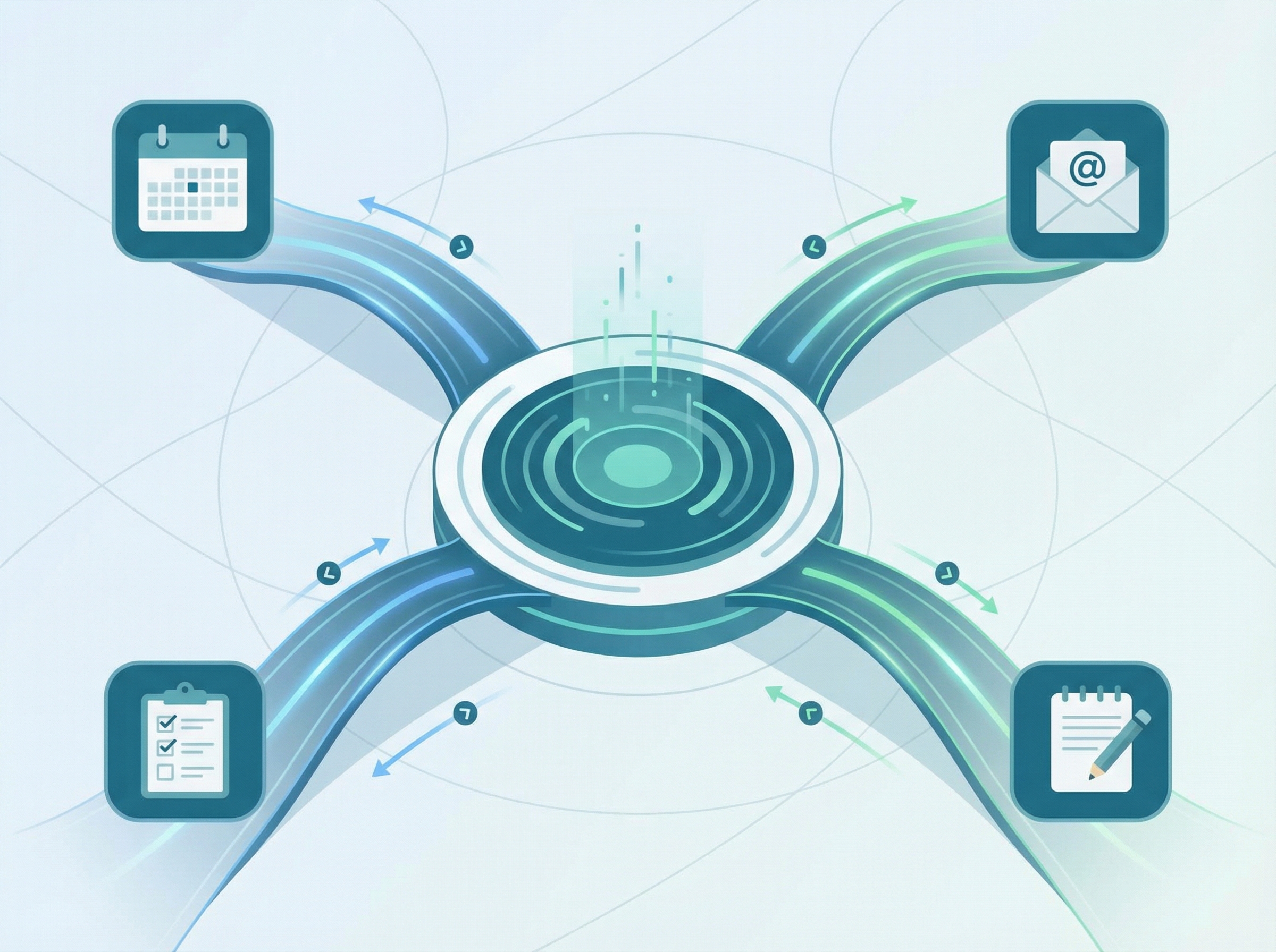 A central hub with elegant bridges extending to familiar app icons for calendar, email, and notes