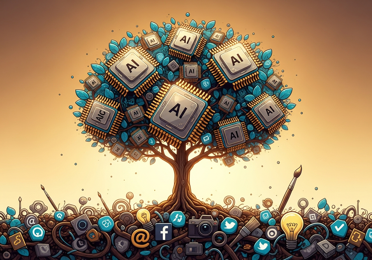 Money tree with AI chips as leaves, growing from marketing icons