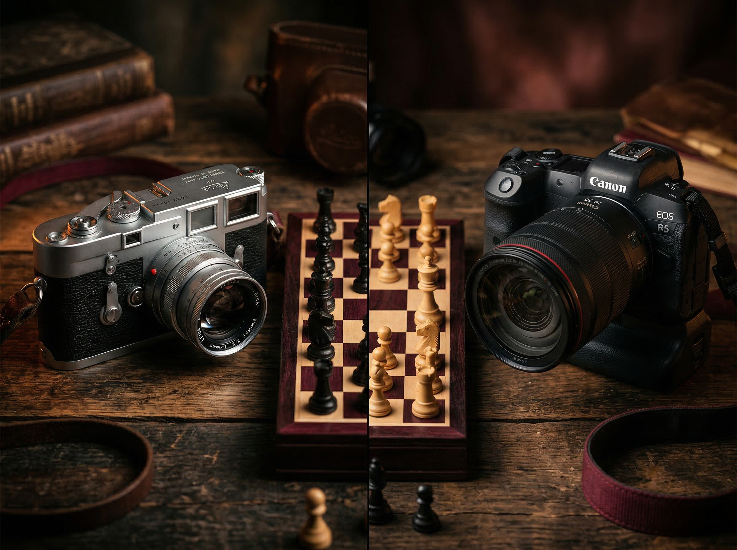 Split composition showing a German Leica rangefinder versus a Japanese SLR camera, editorial tension