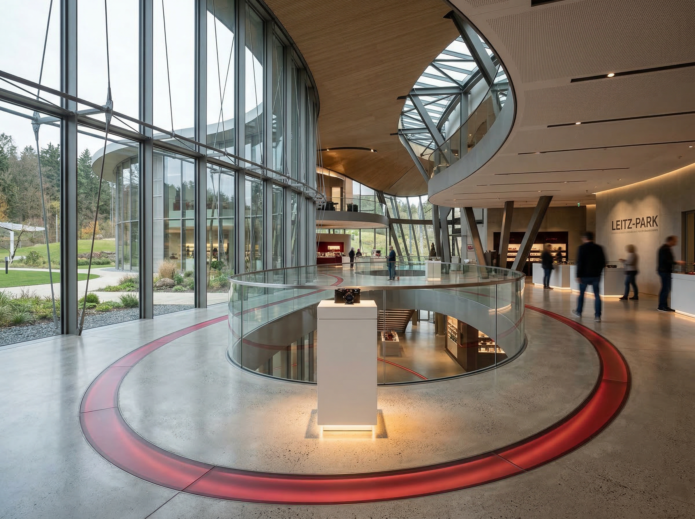 Modern architectural interior of Leitz-Park Wetzlar with sweeping glass and steel curves, a single Leica camera displayed on a minimalist white pedestal under a spotlight