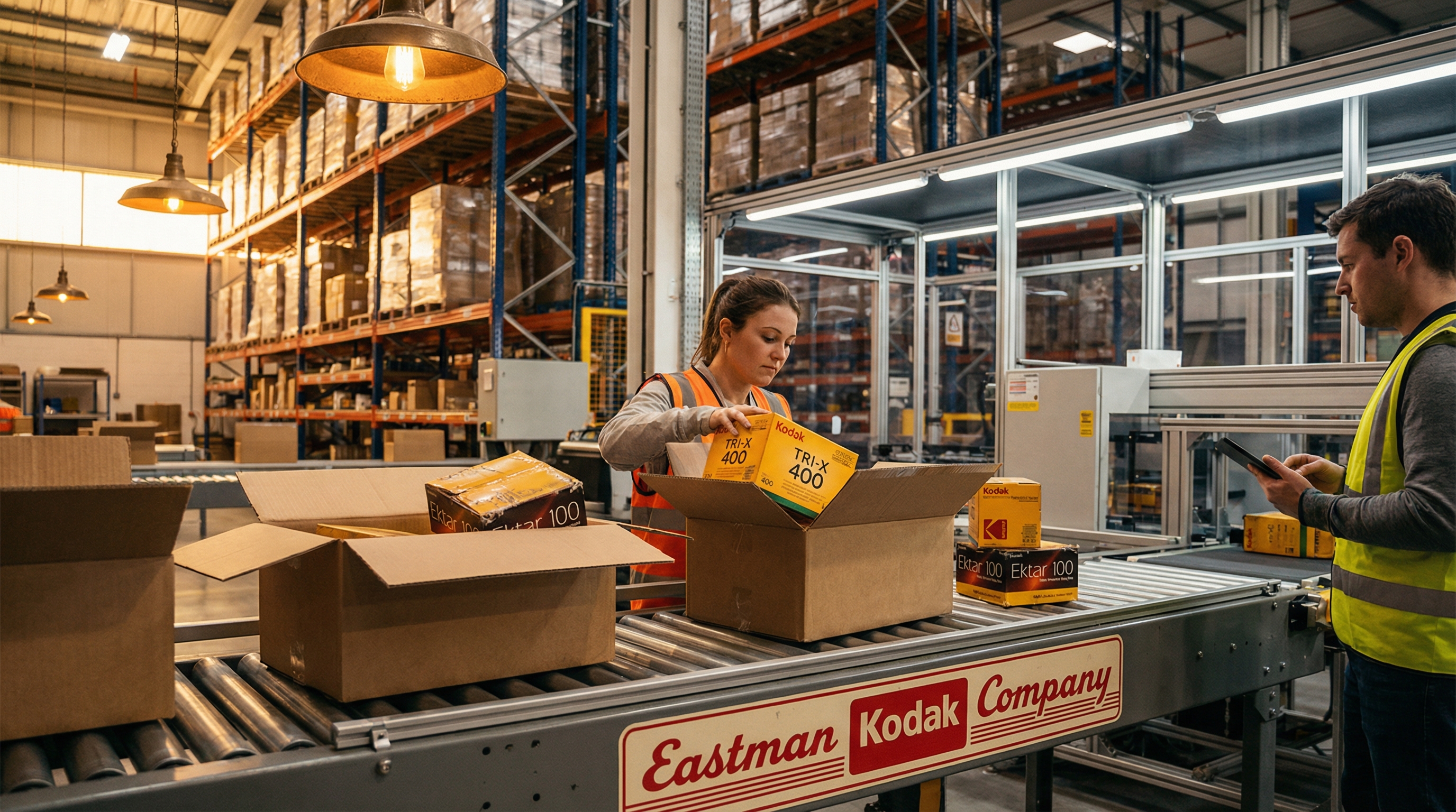 Kodak film boxes being packaged in warehouse