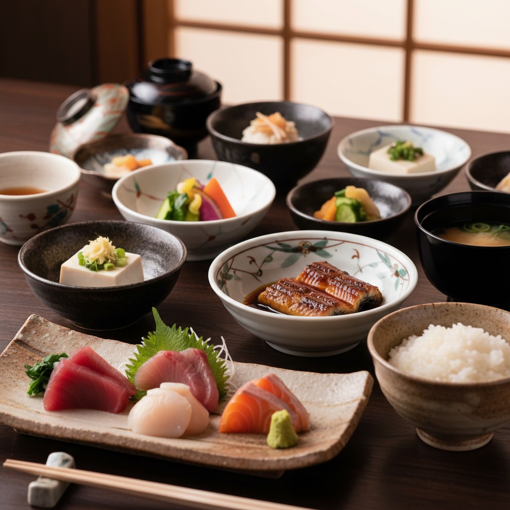 Exquisite kaiseki meal arranged on handmade ceramic plates in a traditional Kyoto restaurant