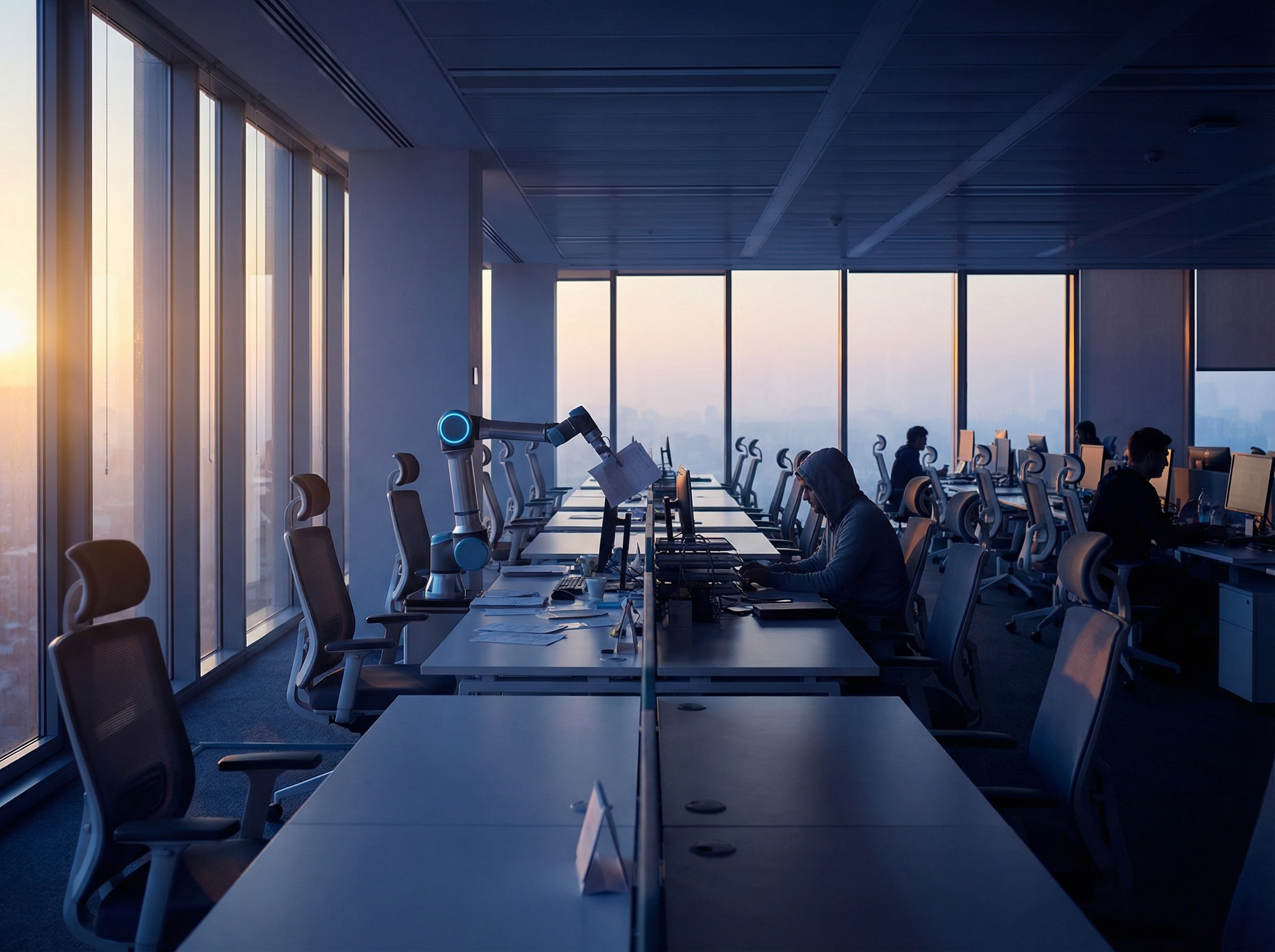 Empty office chairs receding into distance, some occupied, with robot arm working at one desk in dawn light