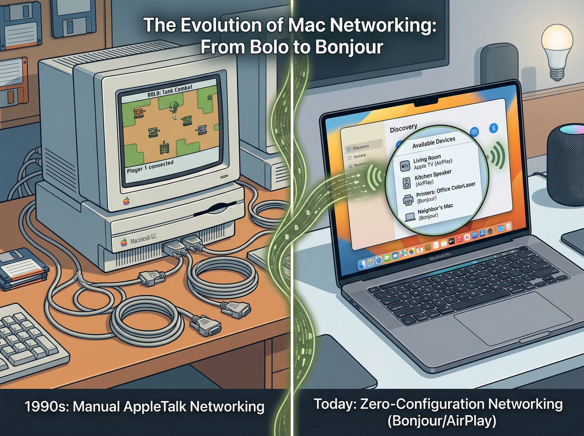 Conceptual split image: a vintage Macintosh with AppleTalk cables on the left connected by a glowing thread to a modern MacBook using AirPlay on the right