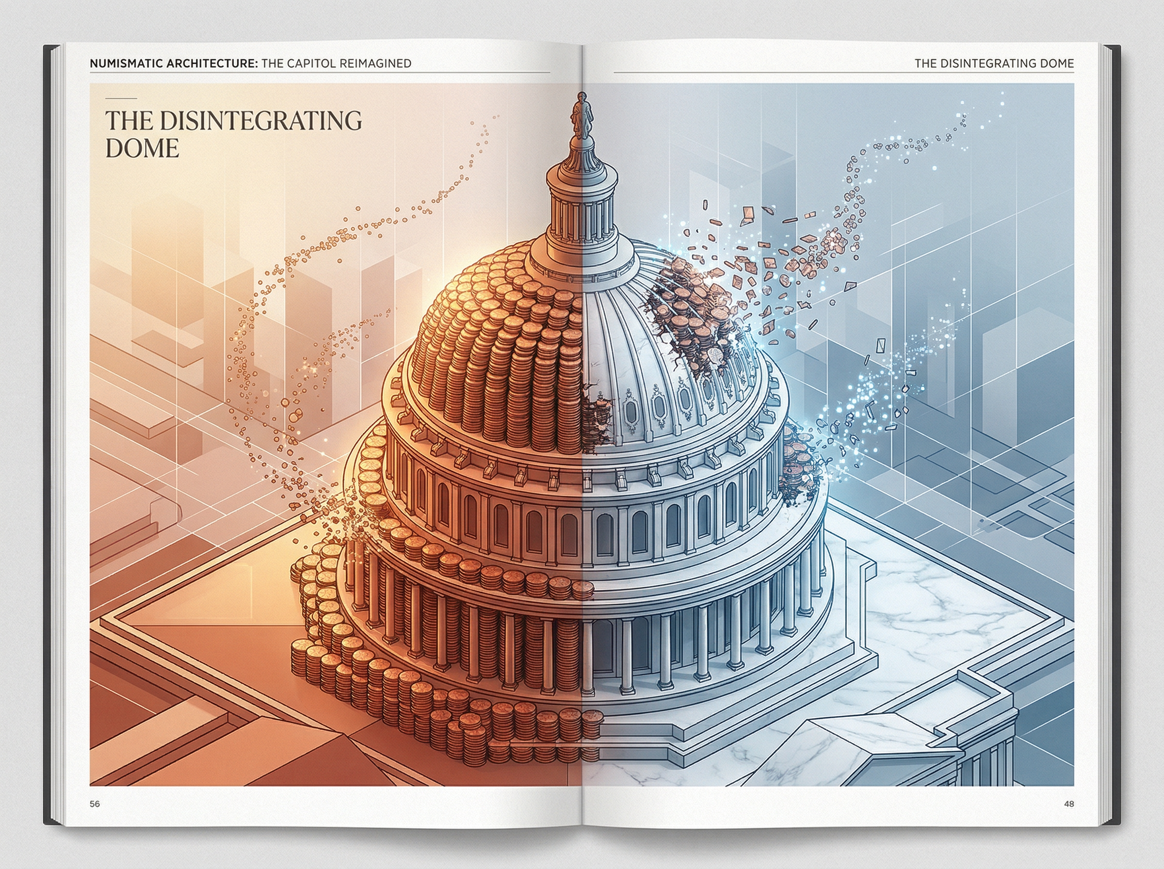 Abstract visualization of the US Capitol dome constructed from stacked copper pennies, some dissolving into digital particles