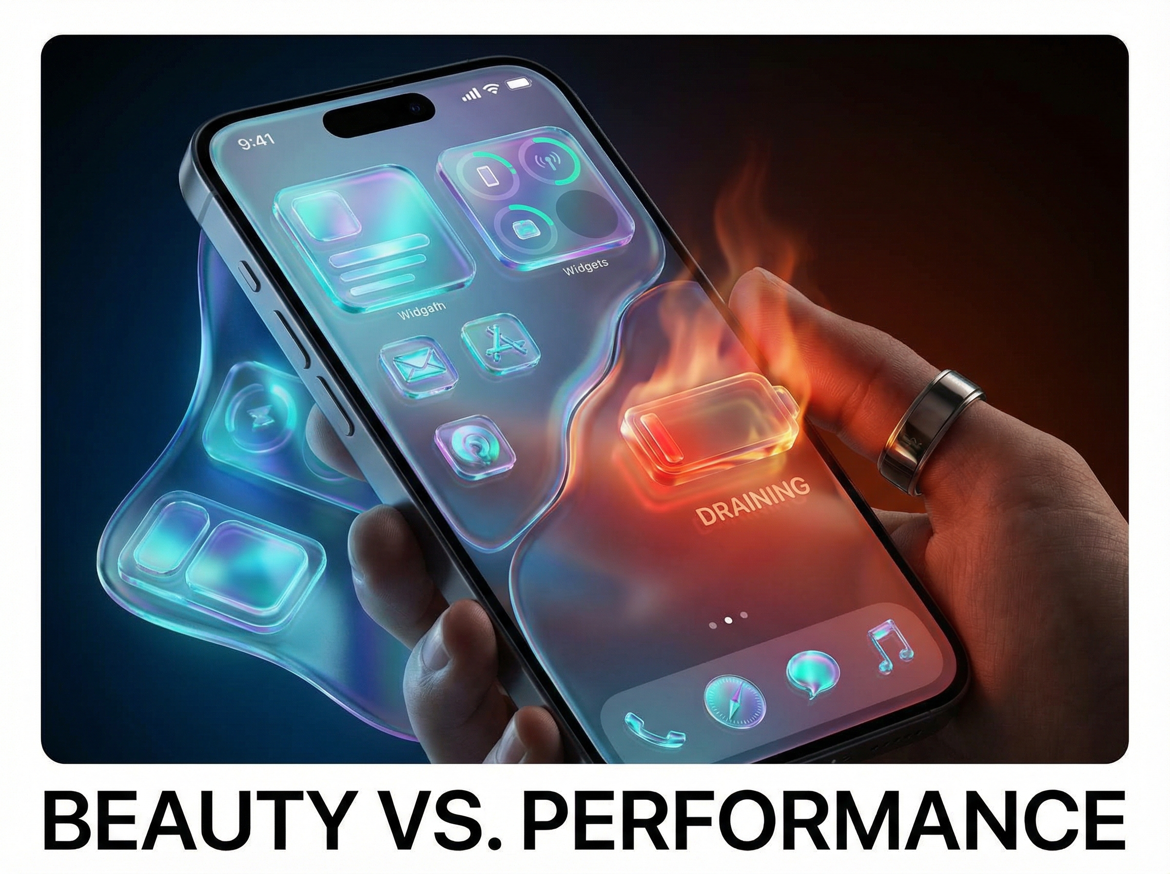 iPhone with beautiful glass UI effects but warning battery icon