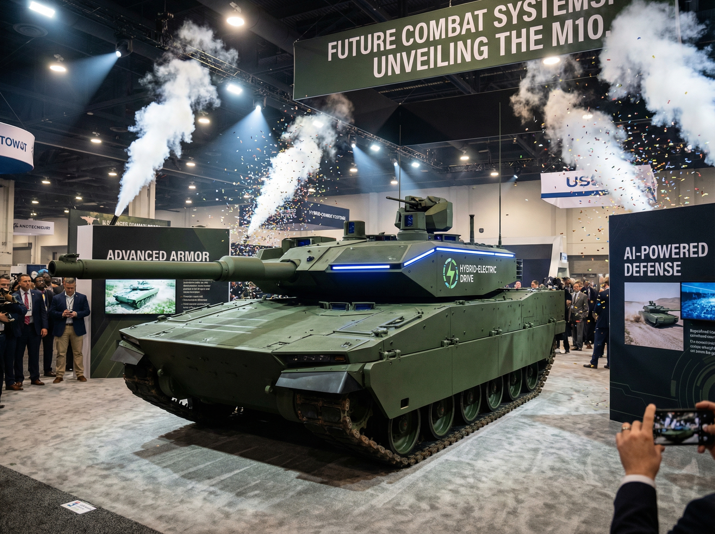 Next-generation American main battle tank at a dramatic military expo unveiling, sleek low-profile unmanned turret, hybrid-electric design
