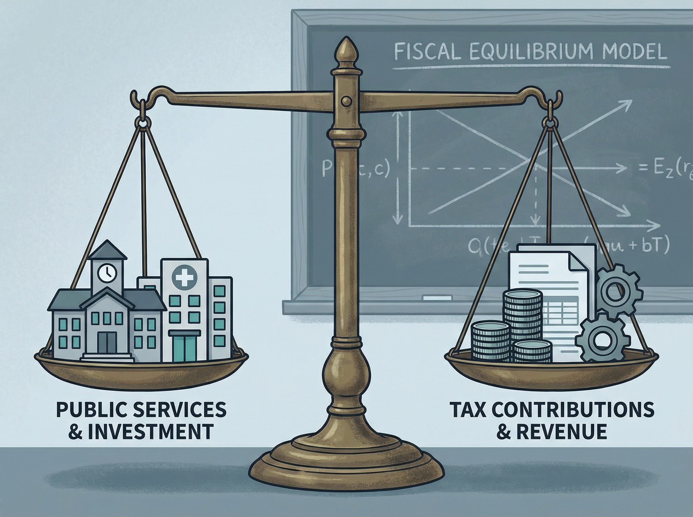 Fiscal balance scale with public services and tax contributions