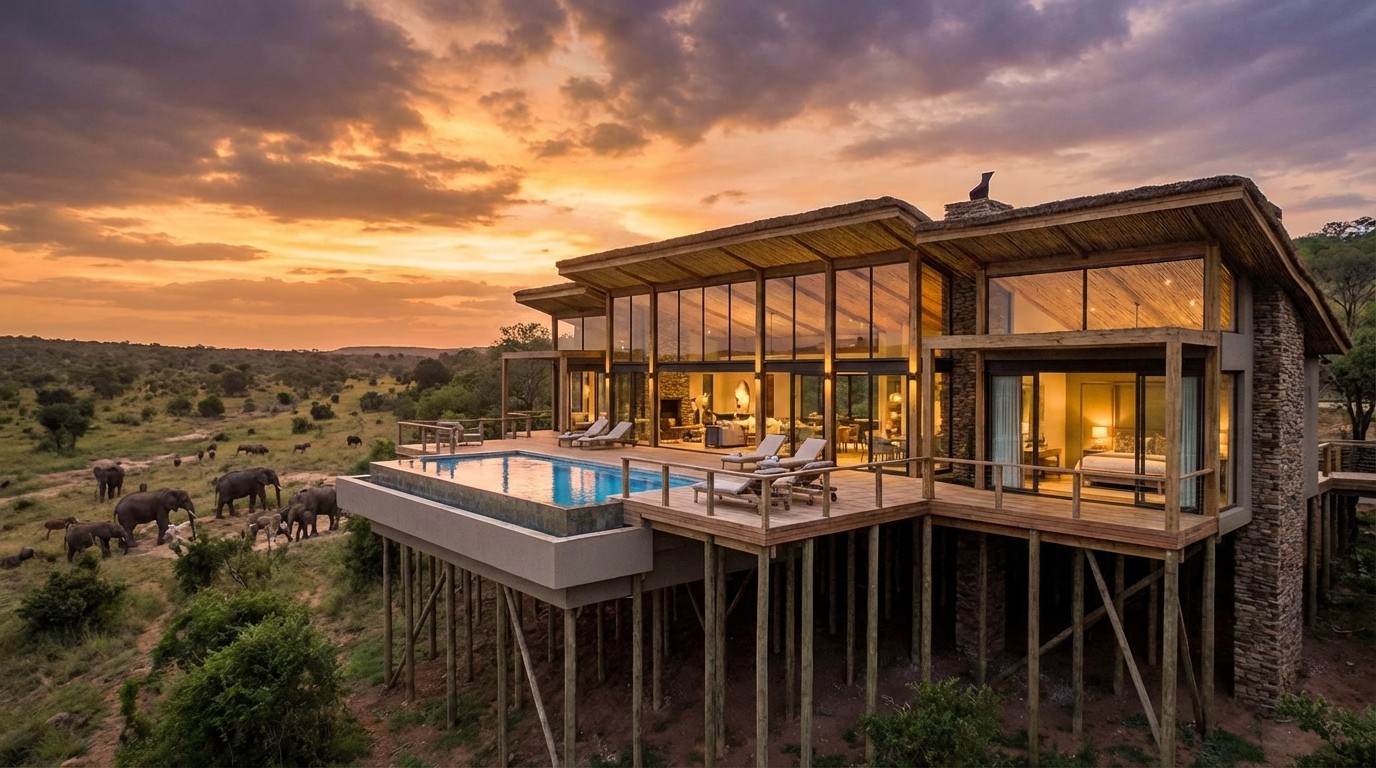 Ultra-modern stilted safari lodge with infinity pool overlooking an elephant valley