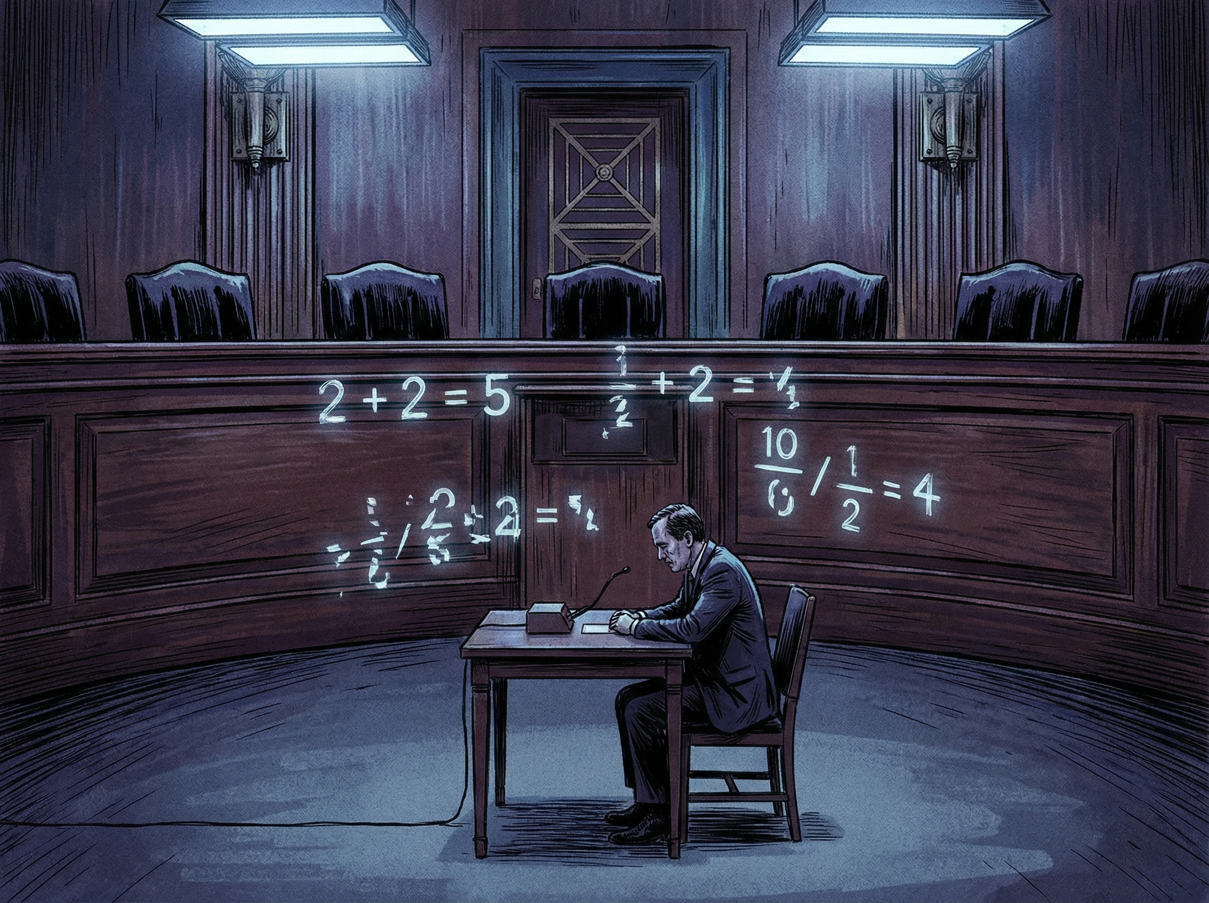 Congressional hearing room with university president at witness table, mathematical equations floating between them