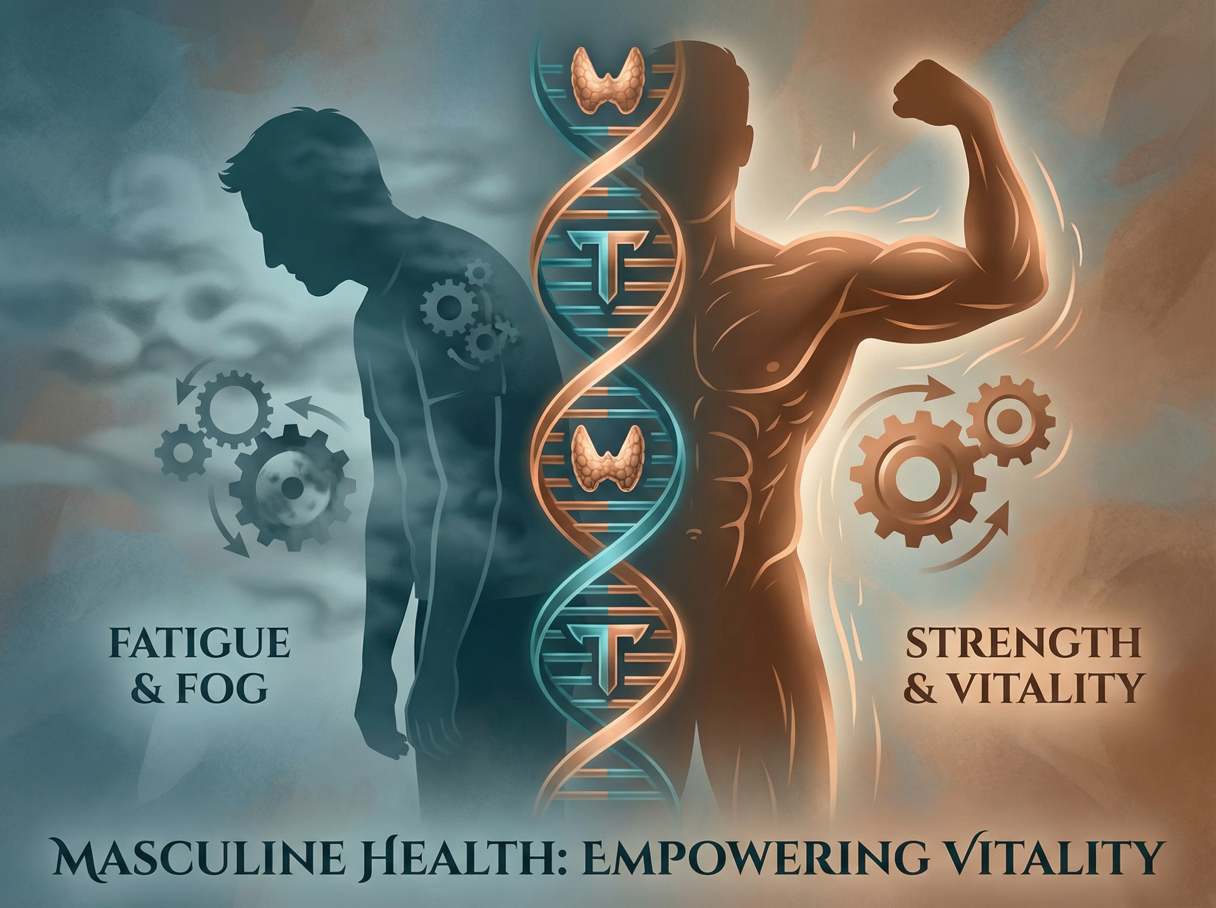 Middle-aged man's silhouette split between fatigue and vitality, with hormone symbols intertwining