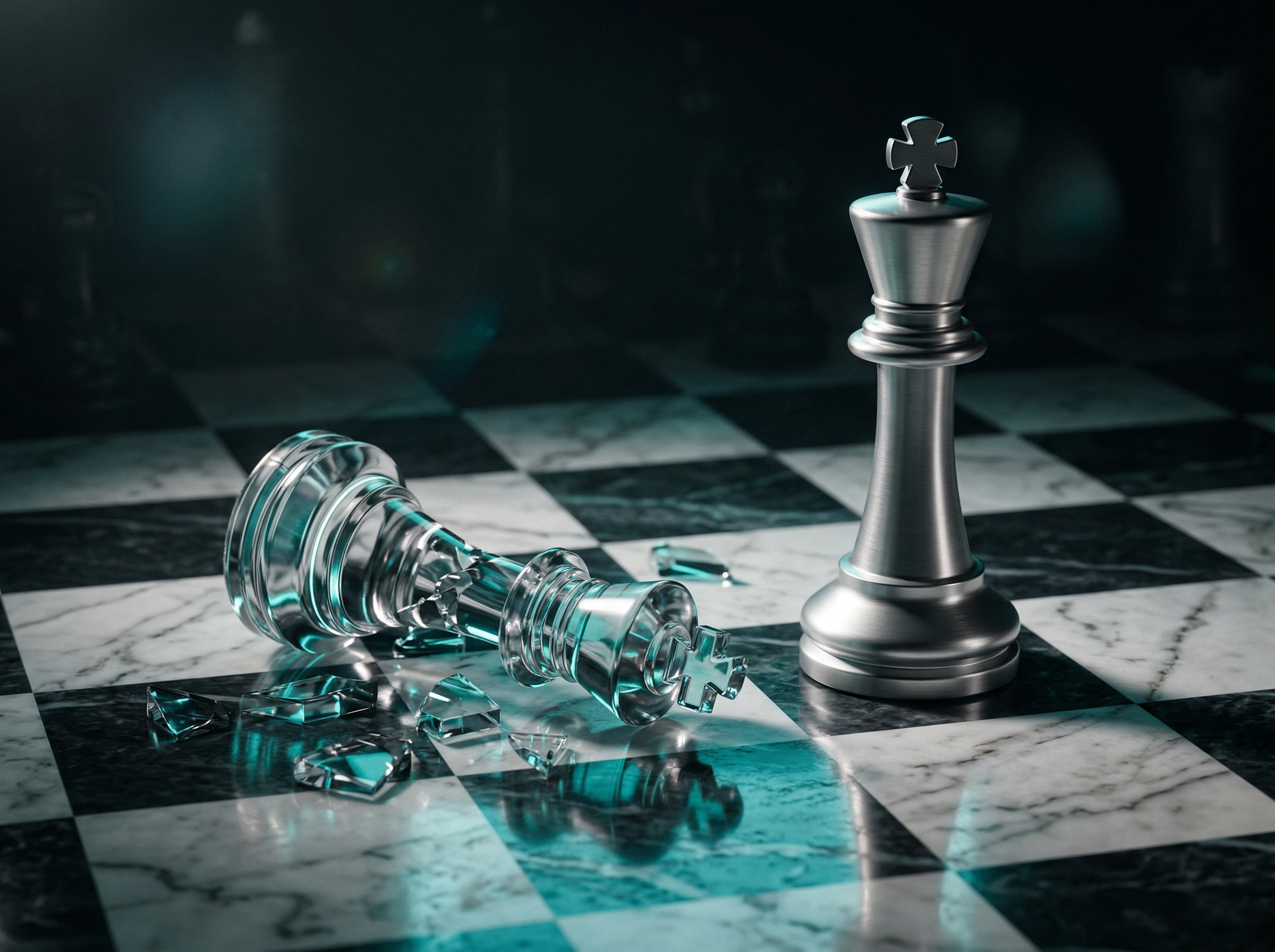 Two futuristic chess pieces on marble, one standing tall in aluminum Apple aesthetic, the other fallen in transparent Meta style