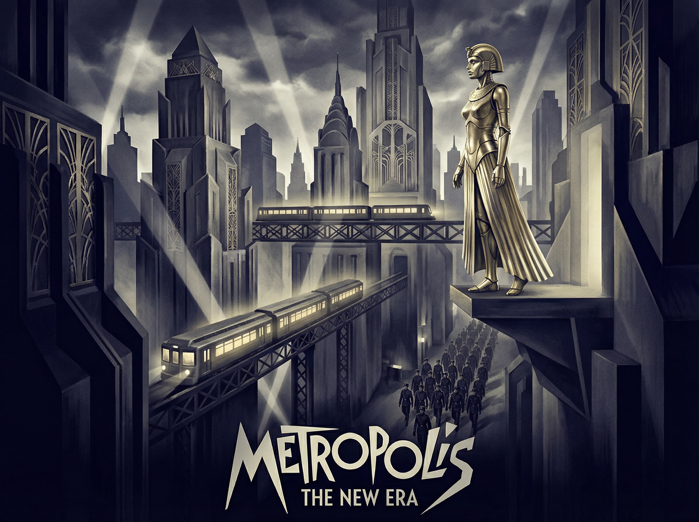 Art Deco futuristic cityscape with geometric skyscrapers and robotic figure