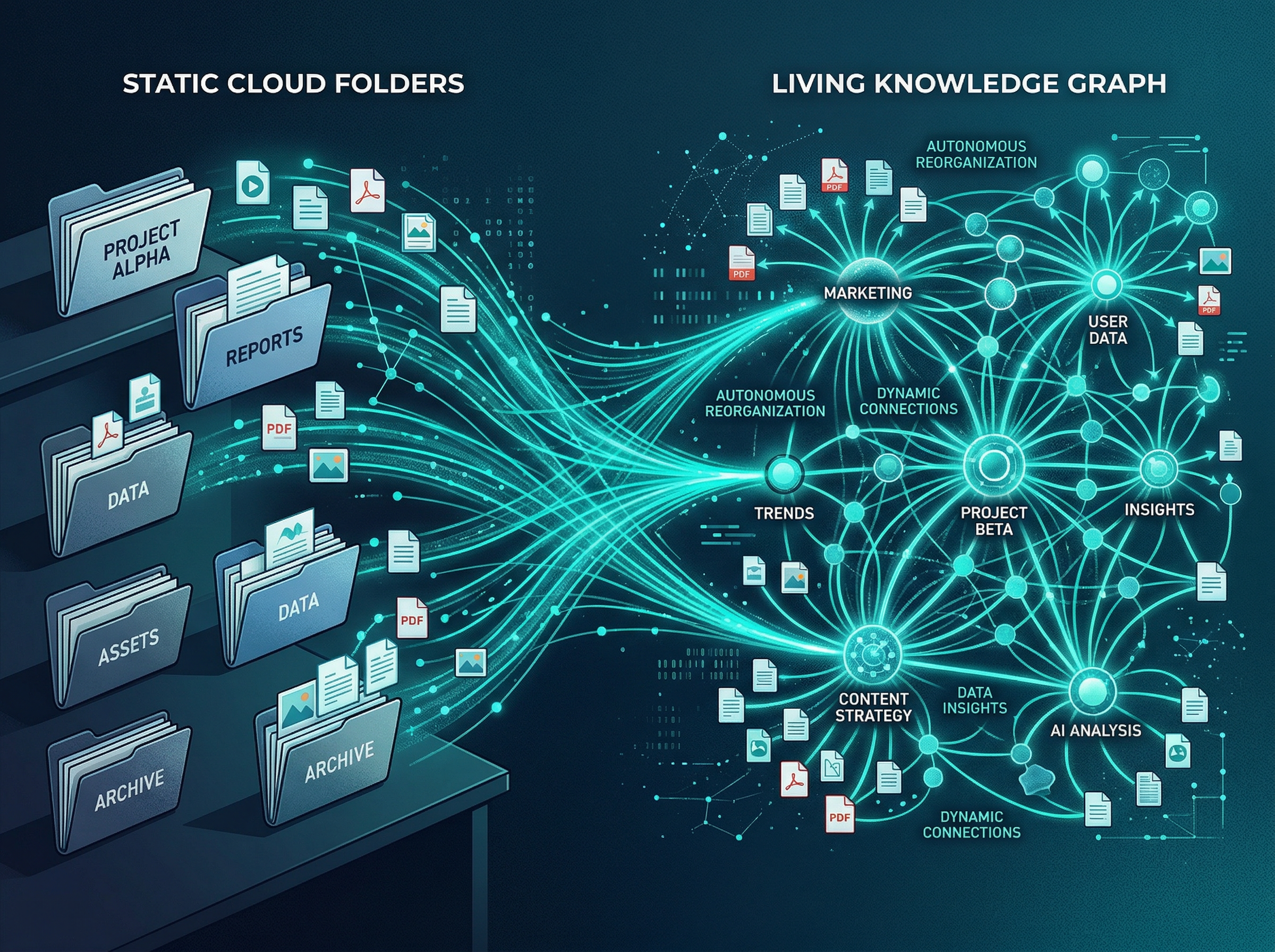 Cloud storage folders transforming into a living knowledge graph with autonomous file organization