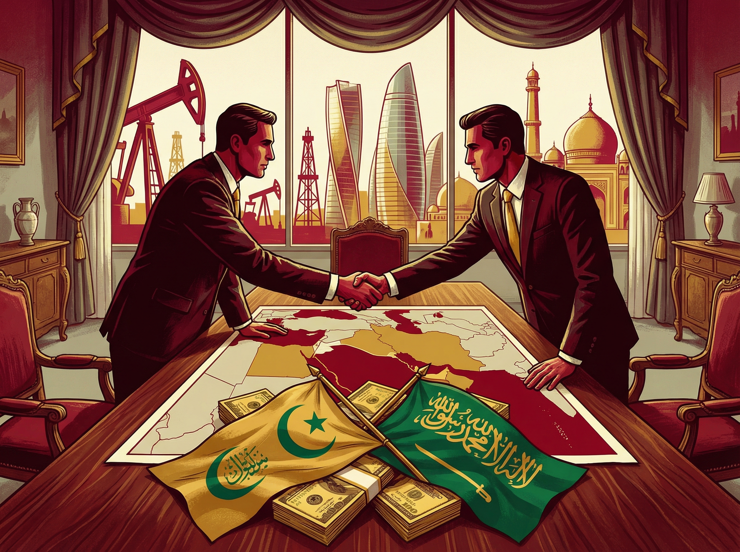 Golden handshake over Middle East map with currency flowing