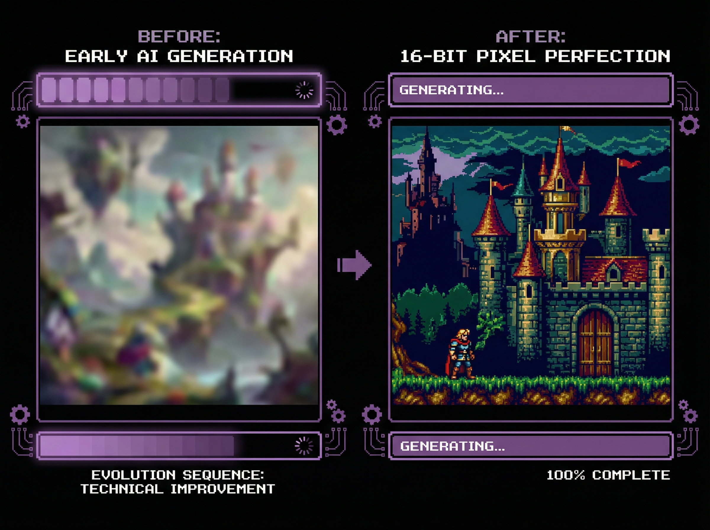 Evolution from blurry AI art to crisp 16-bit pixel perfection, showing Midjourney V7's improvement