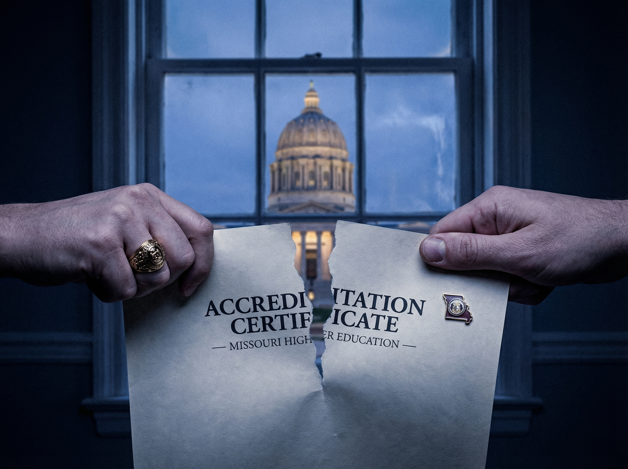 Accreditation certificate being torn between two hands, representing the battle over standards