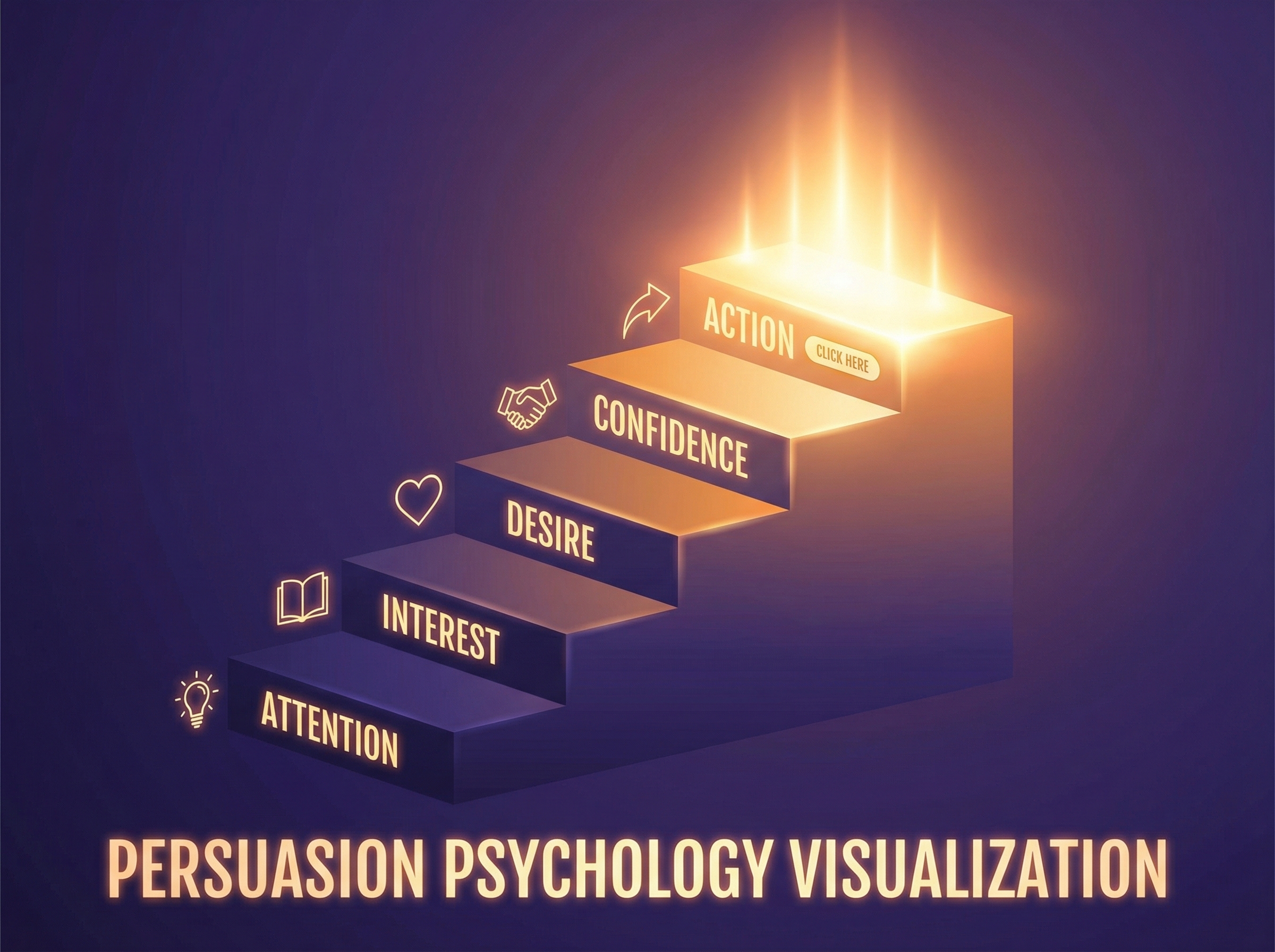 Five-step staircase ascending with each step glowing brighter toward action