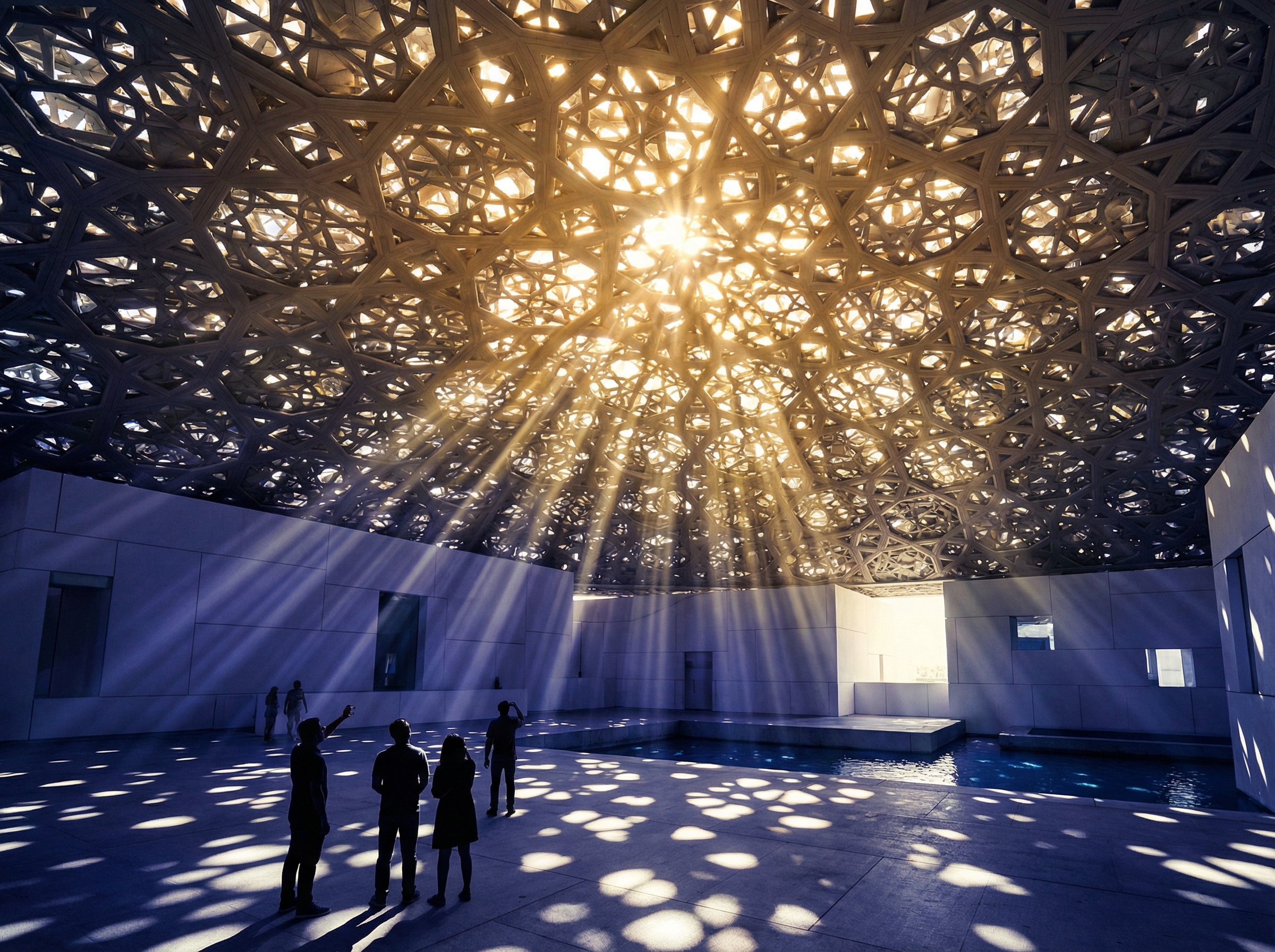 Louvre Abu Dhabi dome interior with rain of light streaming through geometric star perforations