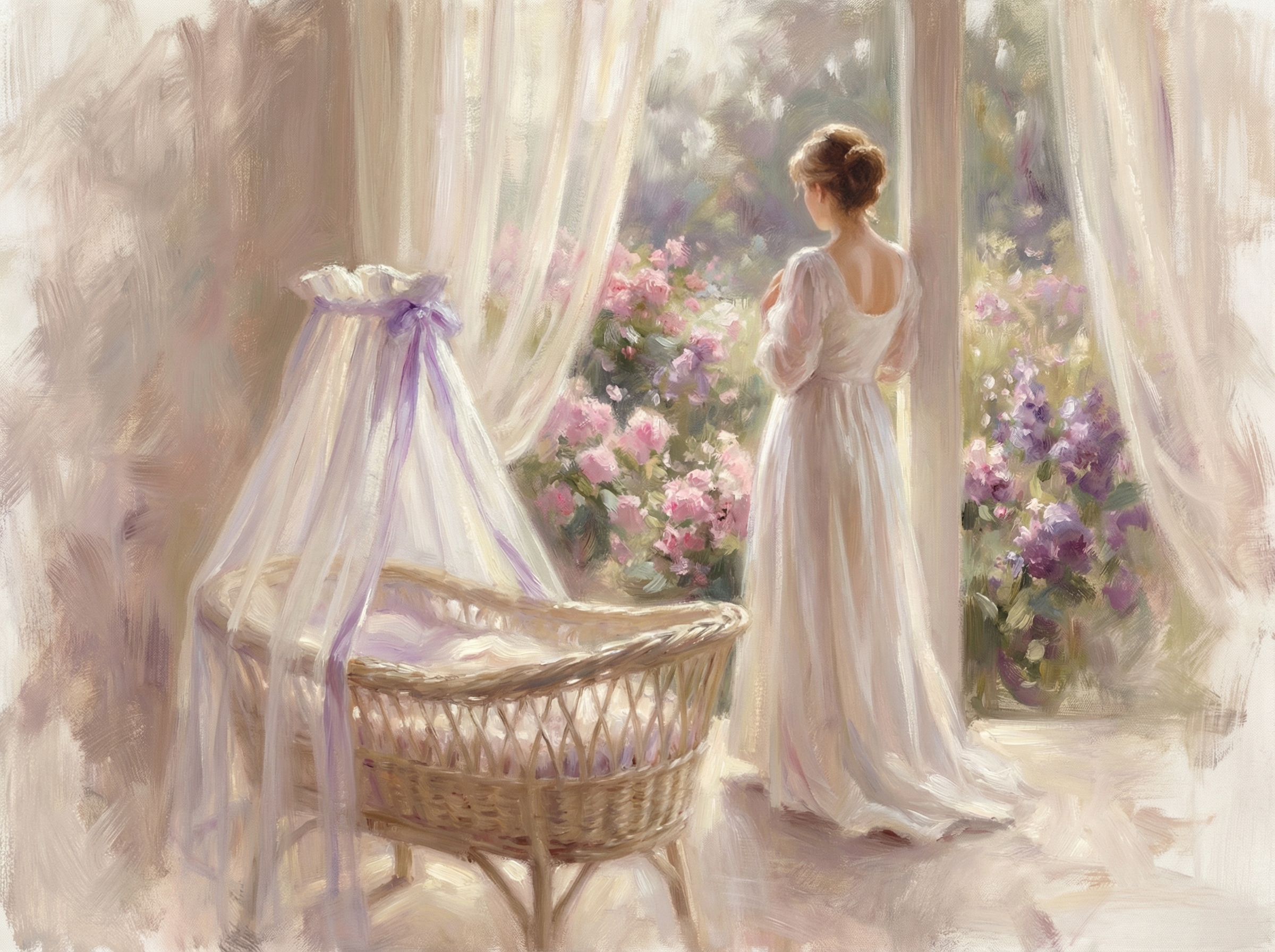 Intimate sunlit veranda with loose feathery brushstrokes and a baby cradle with translucent veil