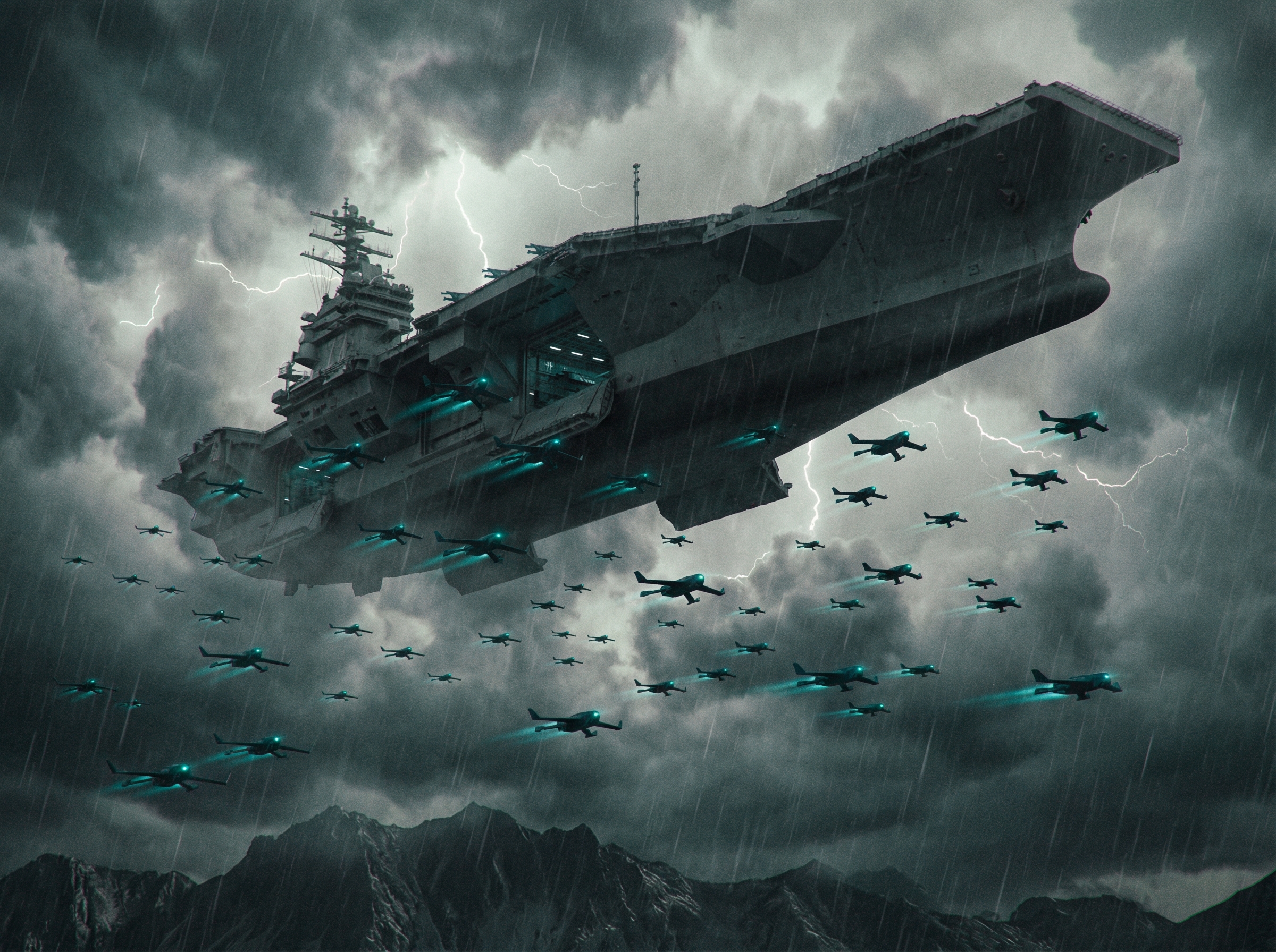 Large carrier drone releasing a swarm of smaller FPV attack drones