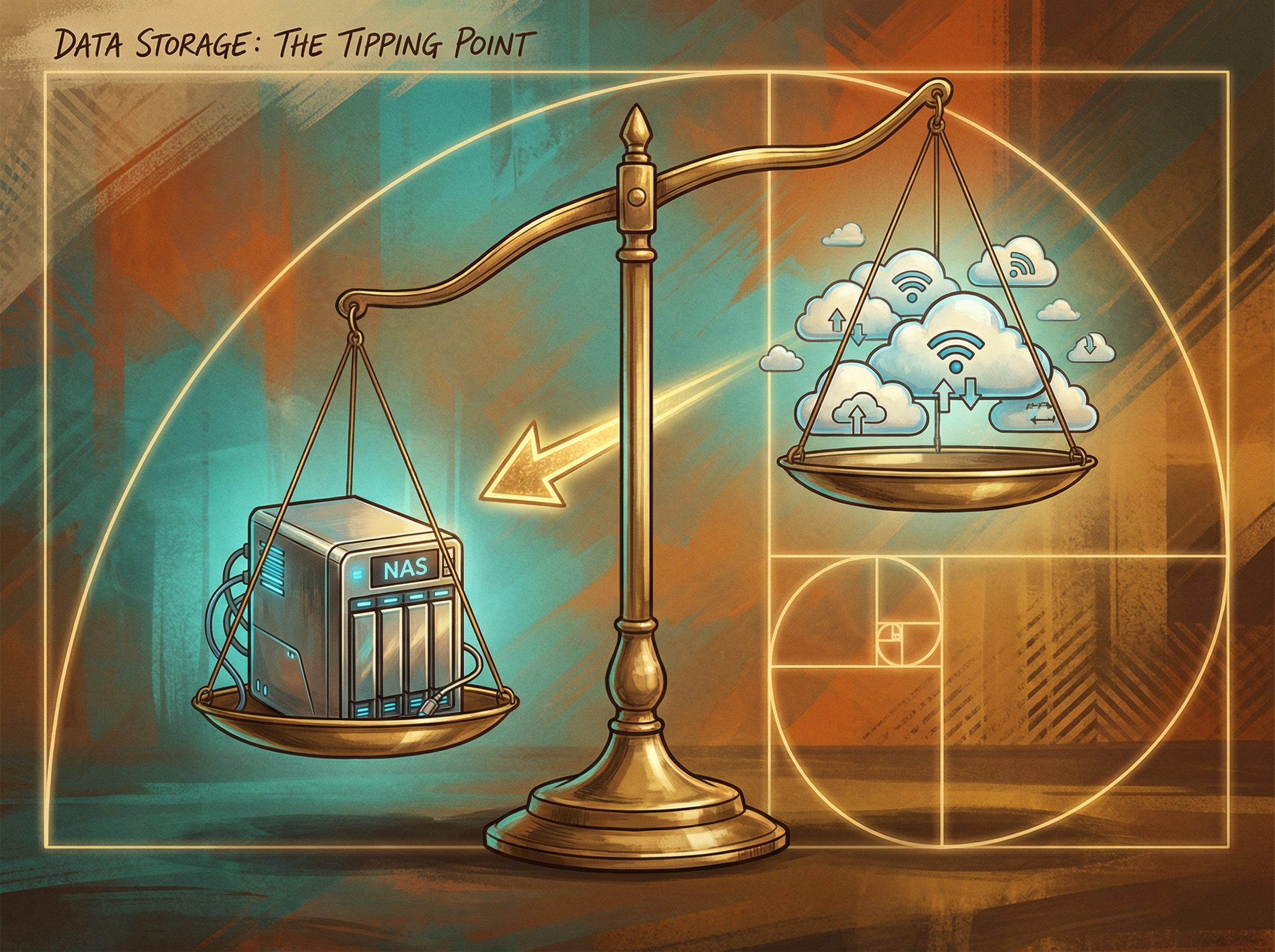 Balance scale with NAS server on one side and cloud icons on the other
