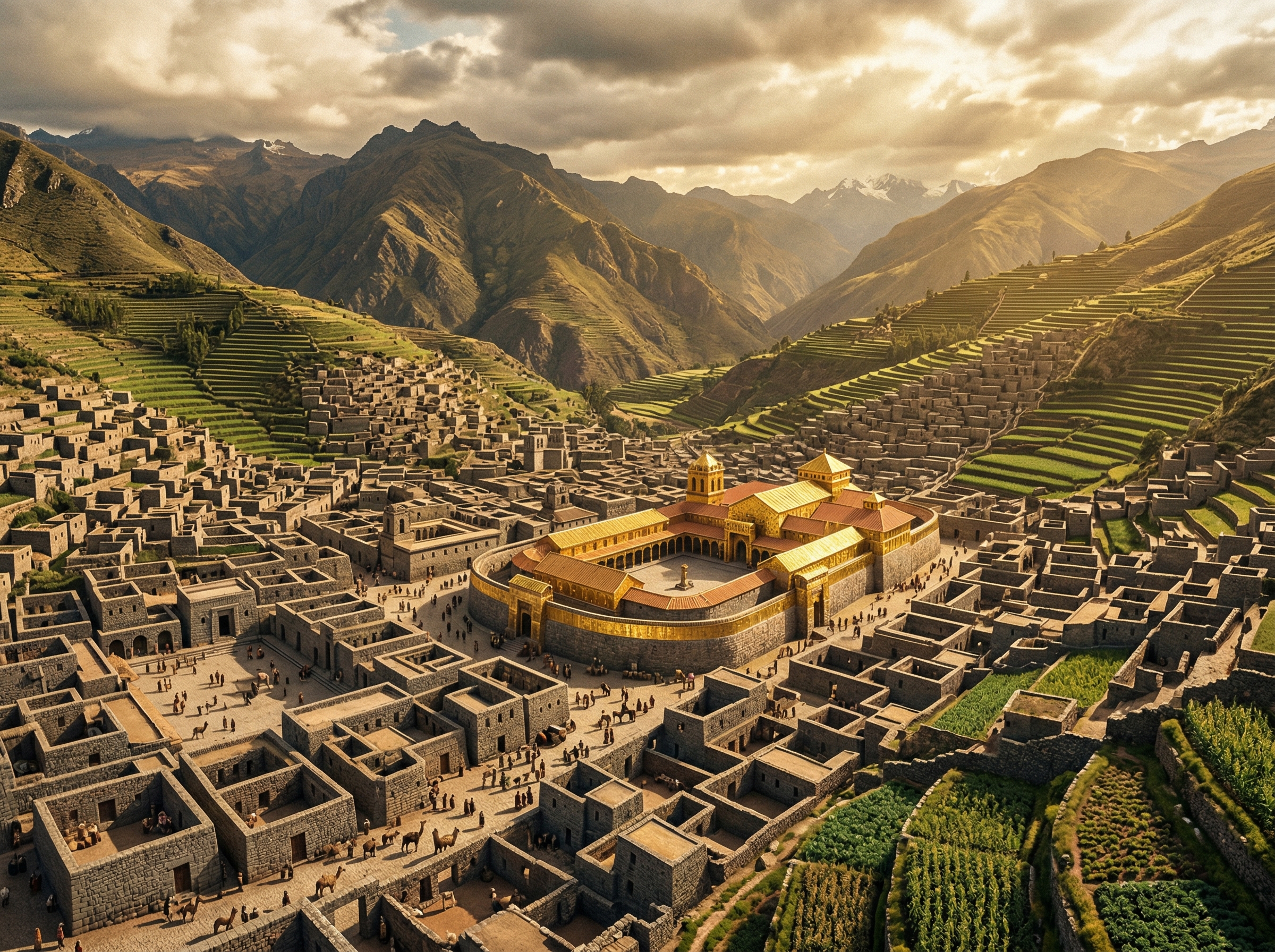 Spectacular 3D reconstruction of the Inca capital Cusco at its peak with the golden Coricancha temple