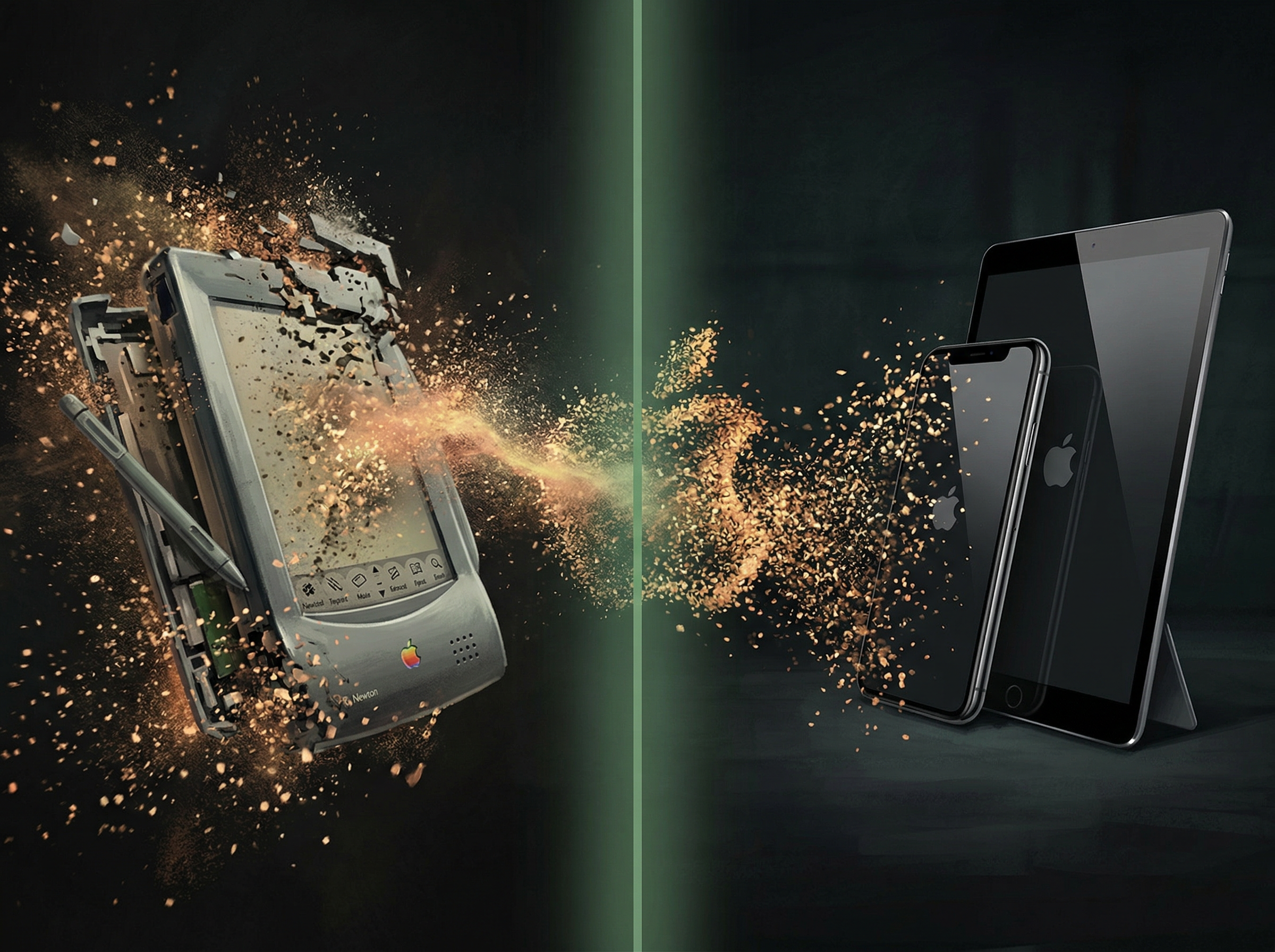 A Newton MessagePad dissolving into particles that reassemble into a modern iPhone and iPad