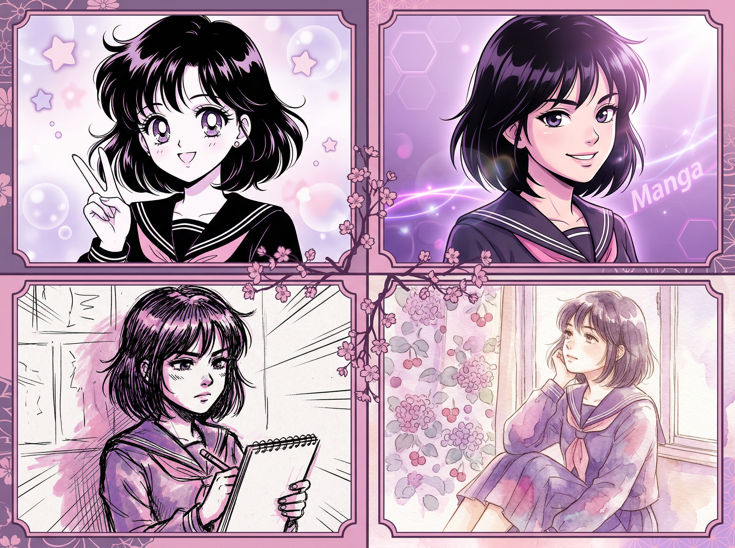 The same manga character rendered in four distinct art styles — 90s retro, modern digital, sketchy indie, and watercolor — while maintaining recognizable identity