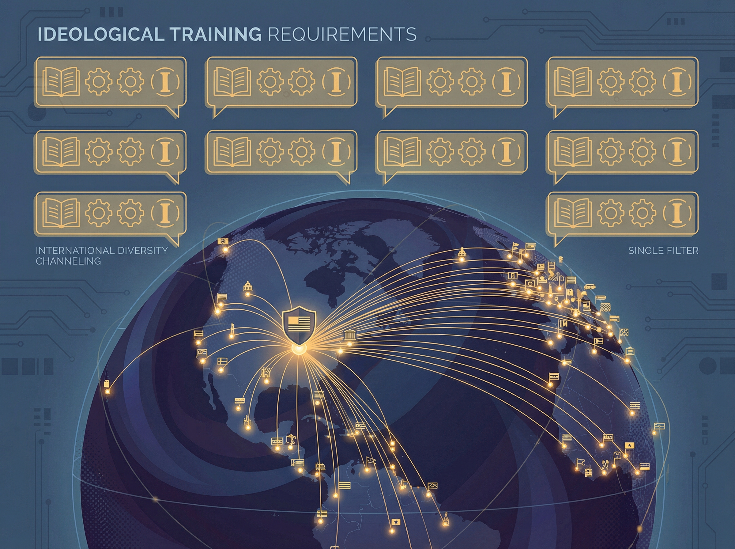 Editorial illustration of a globe with 120 points of light representing countries, all connected by lines to a single American location