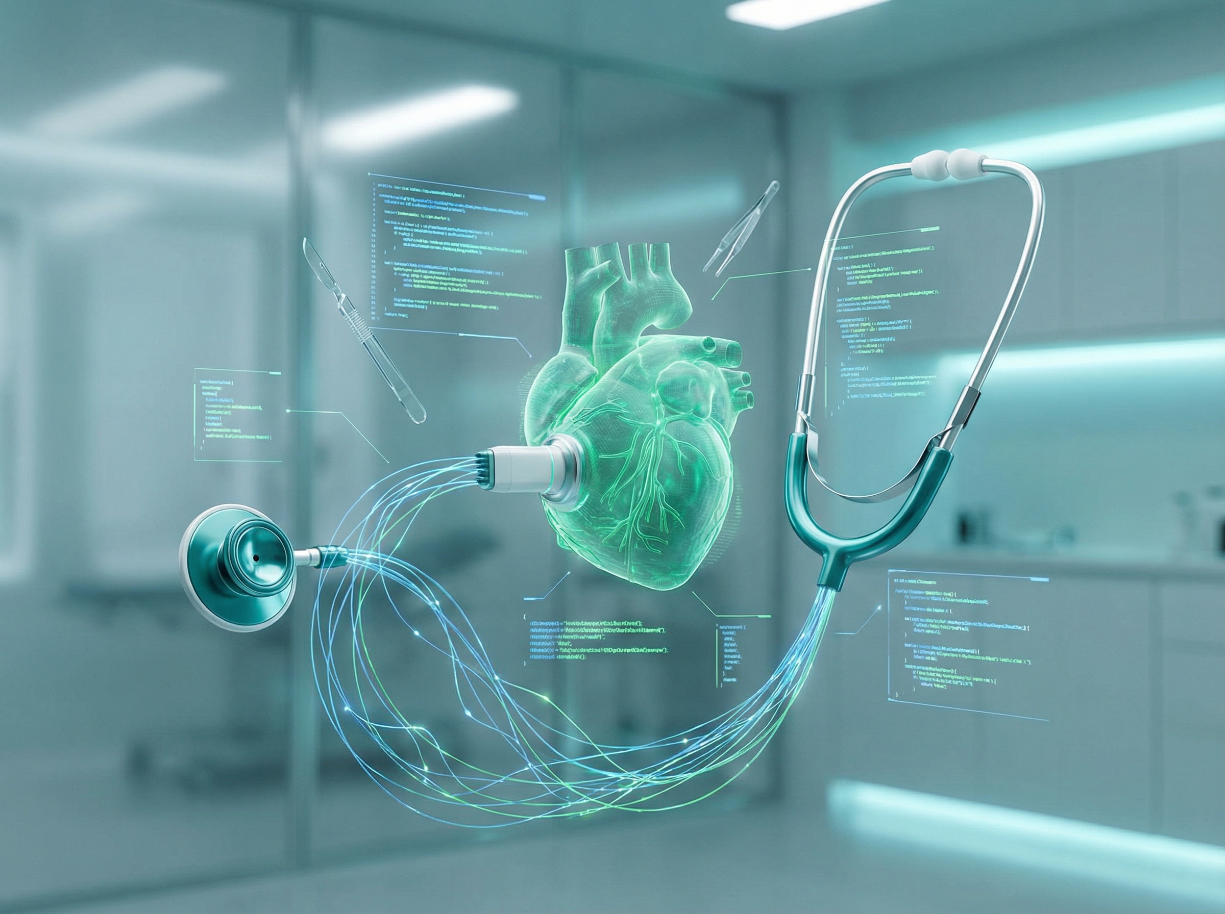 Stethoscope with AI neural network wires, futuristic medical concept
