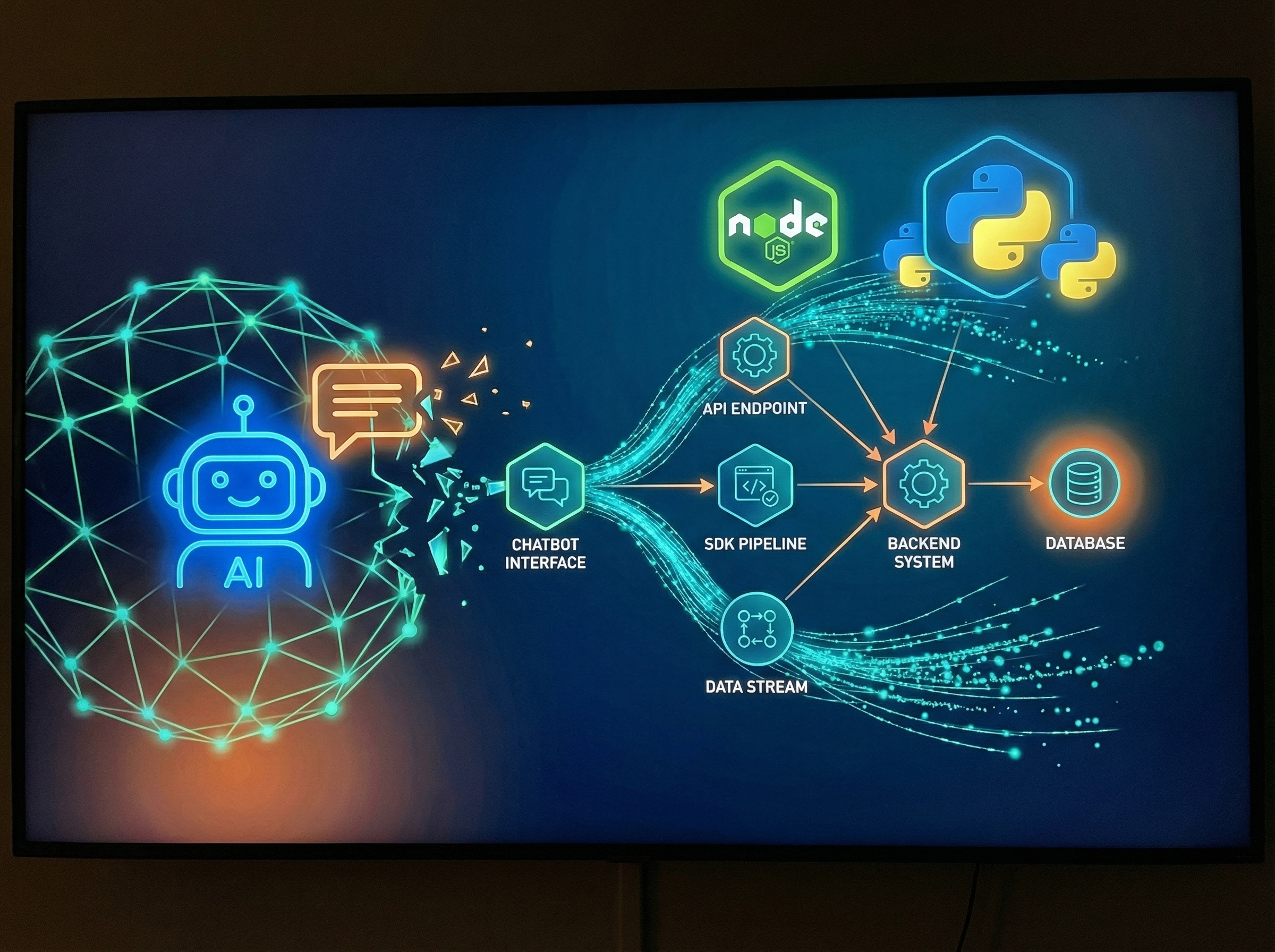 An AI chatbot breaking out of a chat bubble into a network of API endpoints and SDK pipelines