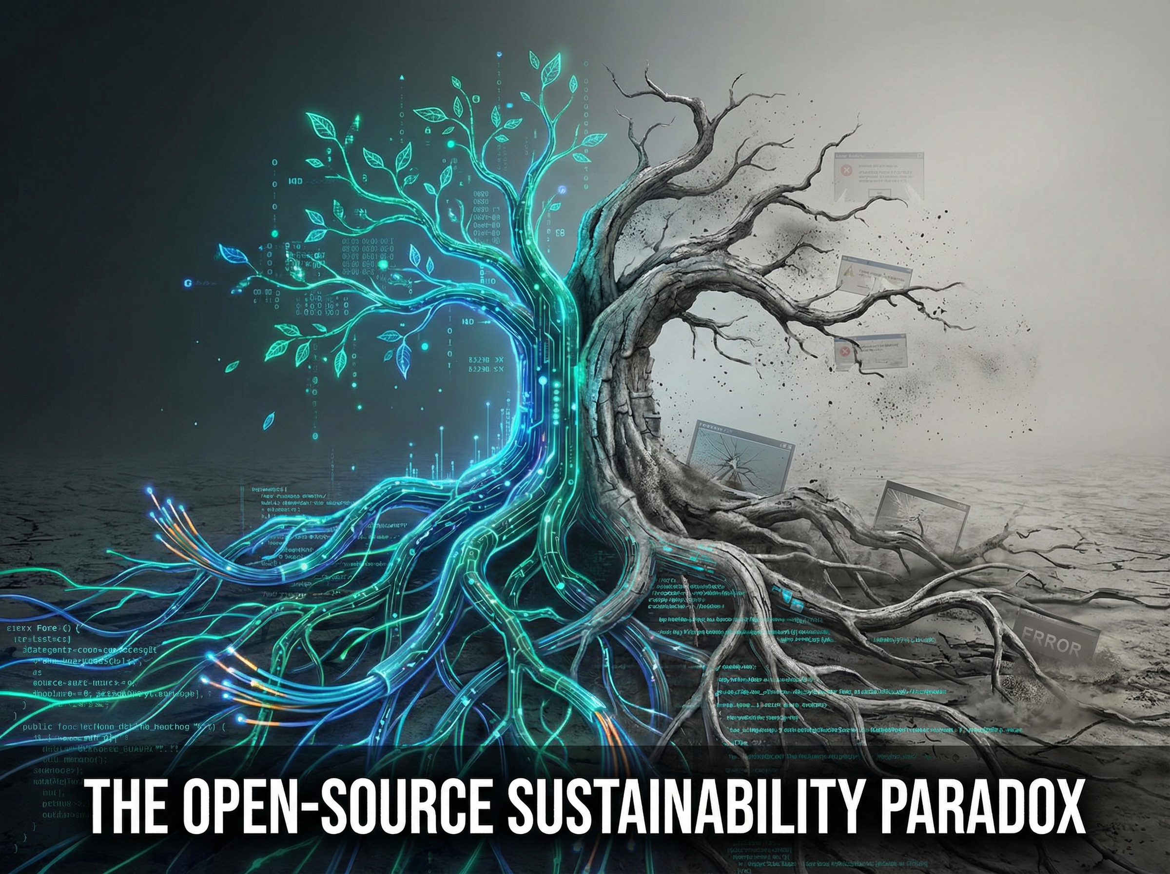 A tree with code-branch roots, some thriving in teal light while others fade to grey